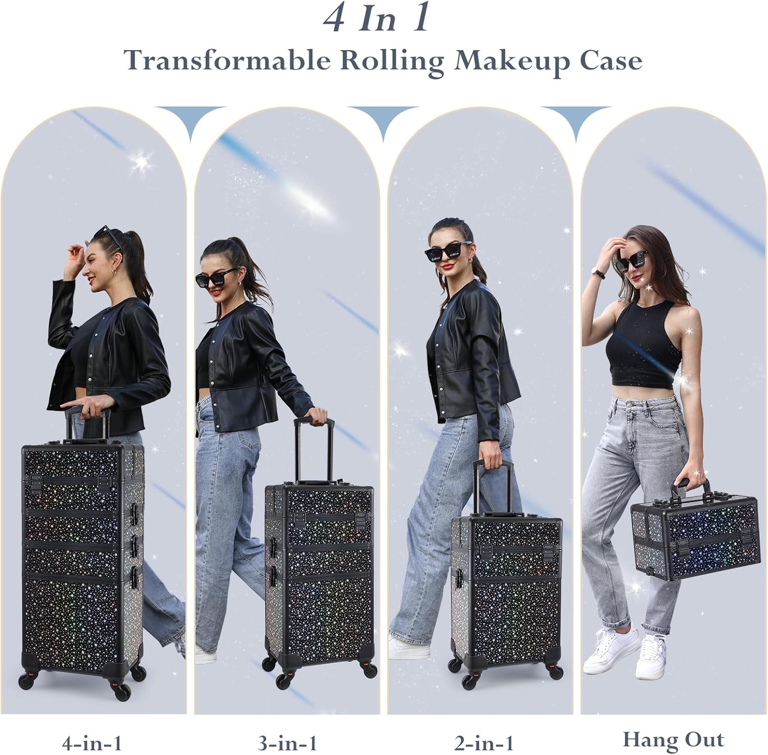Stagiant Rolling Makeup Case Cosmetology Case on Wheels 4 in 1 Large Cosmetic Organizer Train Case Makeup Travel Case with Key Swivel Wheels Nail
