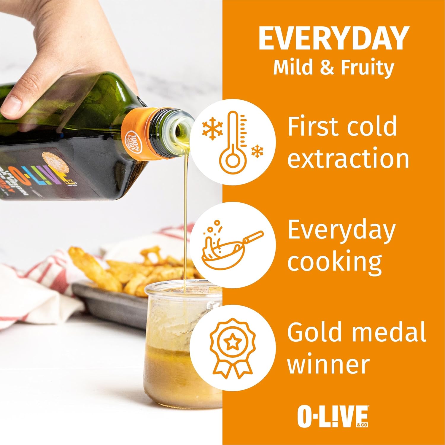 O-Live & Co. 25 Fl Oz 100% Extra Virgin Olive Oil - No Additive - Single Origin Versatile EVOO - First Cold Pressed - Polyphenol Rich - Glass Bottle - New Harvest - Award Winner