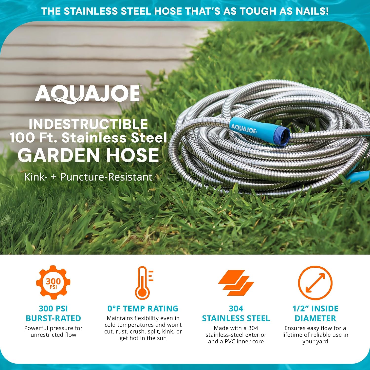 Aqua Joe 50-Foot Heavy Duty Garden Hose, Spiral 304 Stainless Steel Metal Hose, Puncture Proof, 1/2 Inch Diameter with Aluminum Fittings, AJSGH50