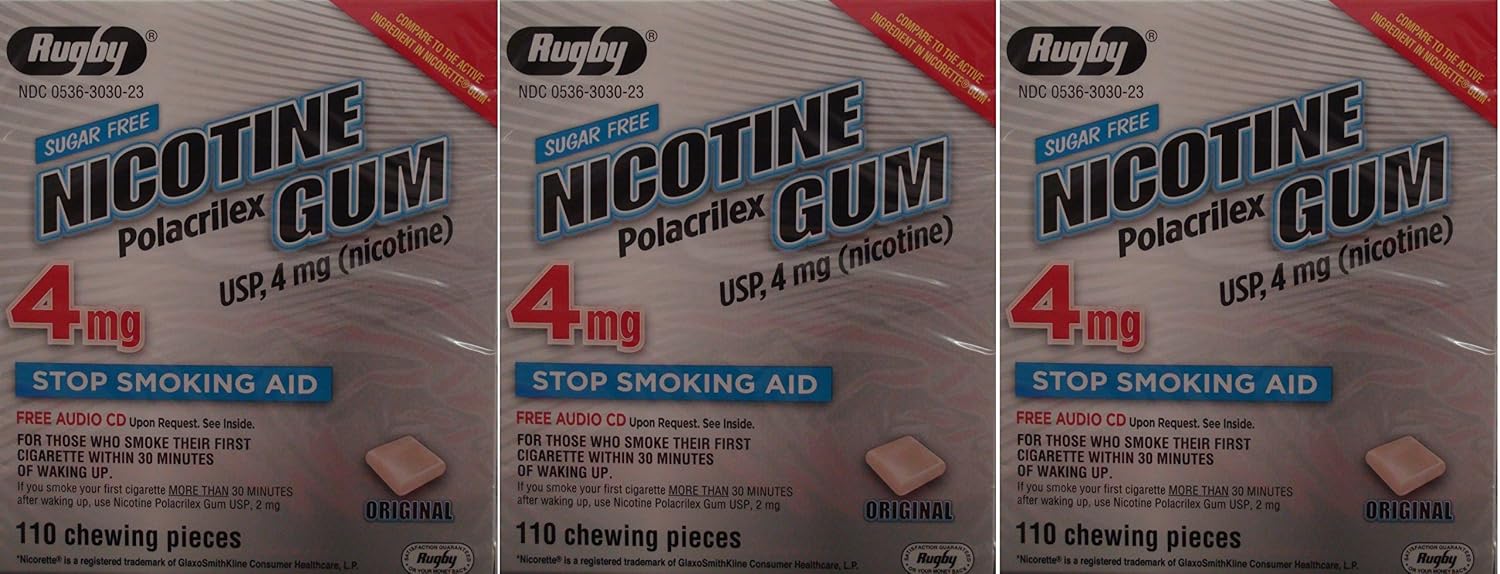 Nicotine Gum 4mg Sugar Free Original Generic for Nicorette 110 Pieces per Box Pack of 3 Total 300 Pieces