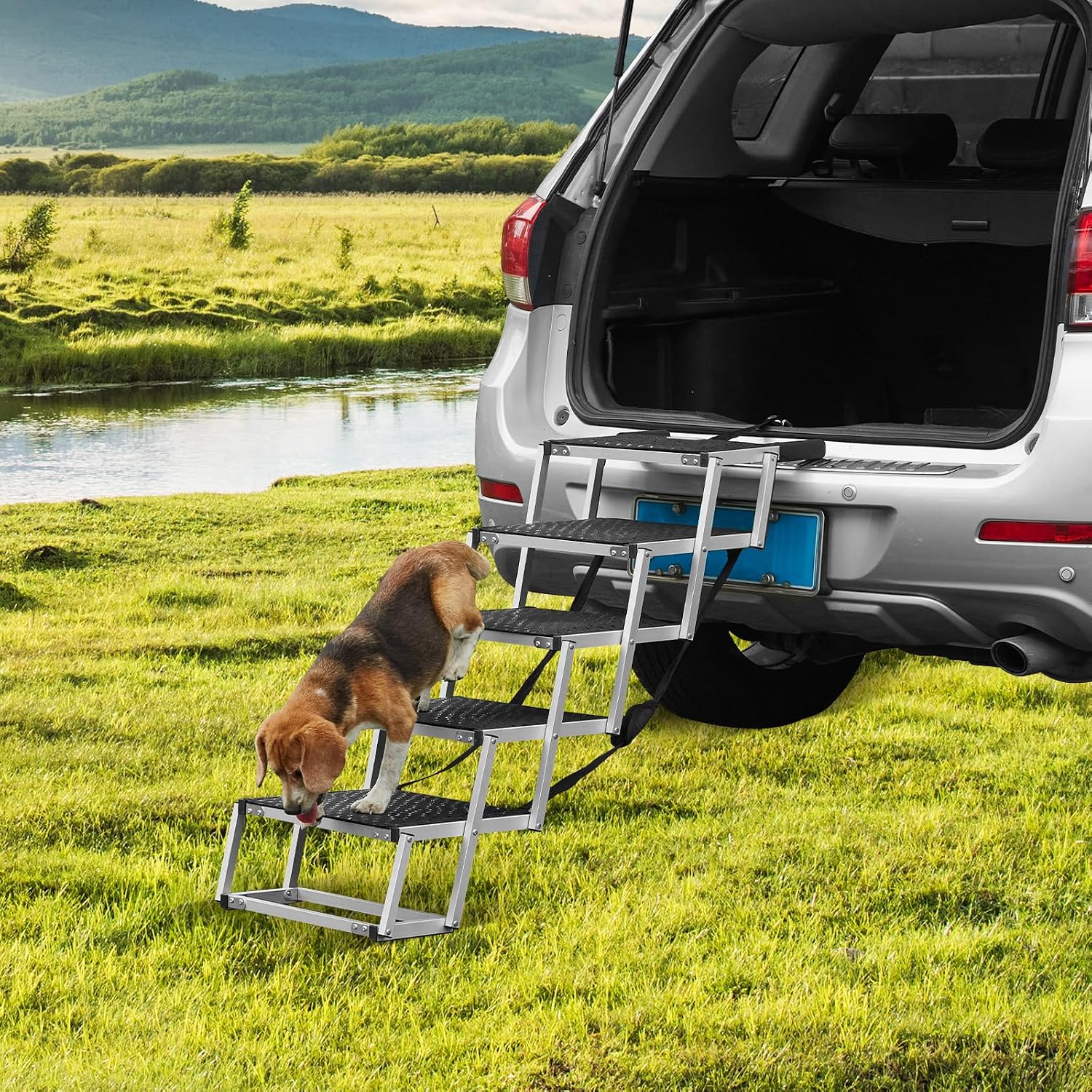 VEVOR 4-Step Dog Car Steps, Folding Dog Ramp with Nonslip Surface, Portable Pet Steps in Aluminum for Car, SUV and Truck, Supports up to 250 lbs