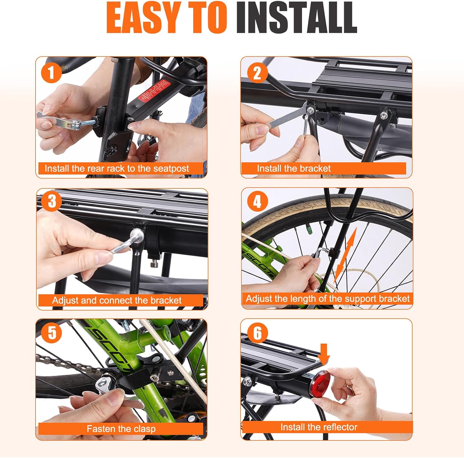 HOMEE Rear Bike Rack, Bike Cargo Racks Frame for 26"-29" Frames | Aluminum Alloy Universal Adjustable Cycling Equipment Stand Footstock Bicycle Luggage Carrier with Tools and Reflector