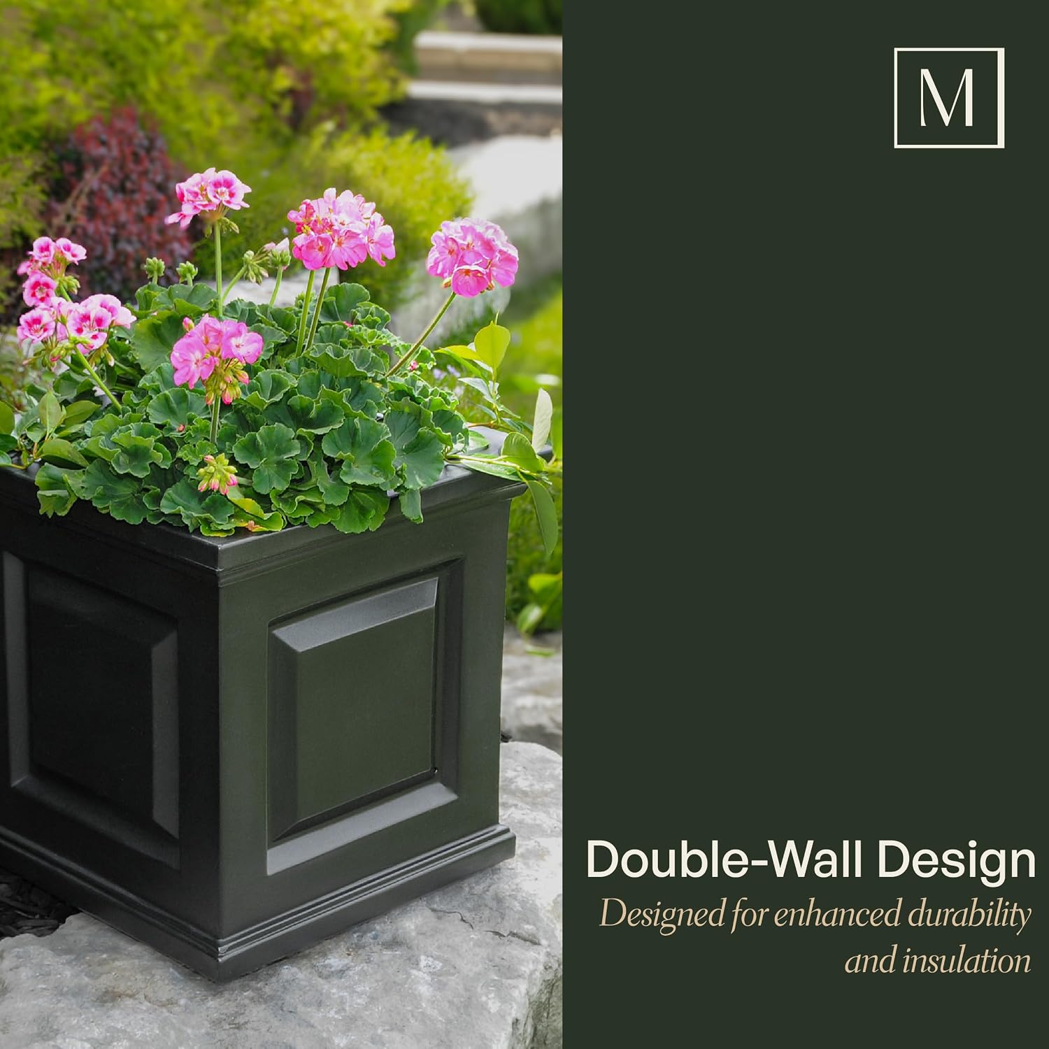 Mayne Nantucket 16in Self-Watering Square Planter, Black | Self-watering, All season, Fade resistant, Double-wall design, 15-year warranty