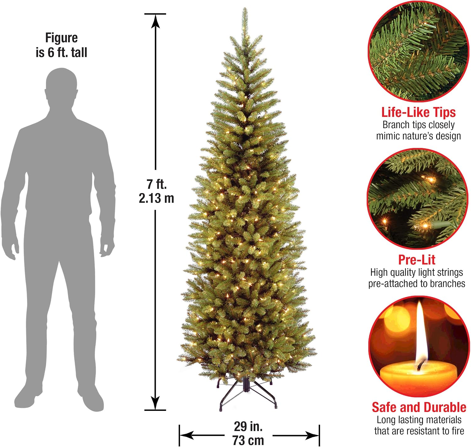 National Tree Company 7 ft Pre-Lit Kingswood Fir Slim Artificial Christmas Tree, 300 Warm White LED Lights, 892 Tips, Includes Stand
