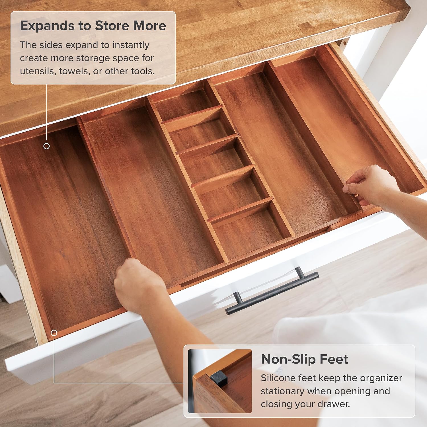 Utensil & Junk Drawer Organizer, 16-28 in, Bamboo | Food-safe contract grade, 100% sustainable wood, non-slip, adjustable