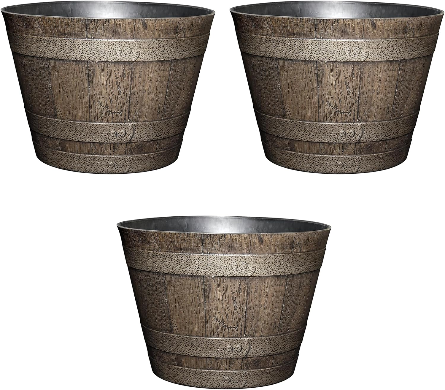 Classic Home and Garden Outdoor Round Whiskey Resin Flower Pot Barrel Planter, Distressed Oak Brown, 20.5" (Pack of 3)