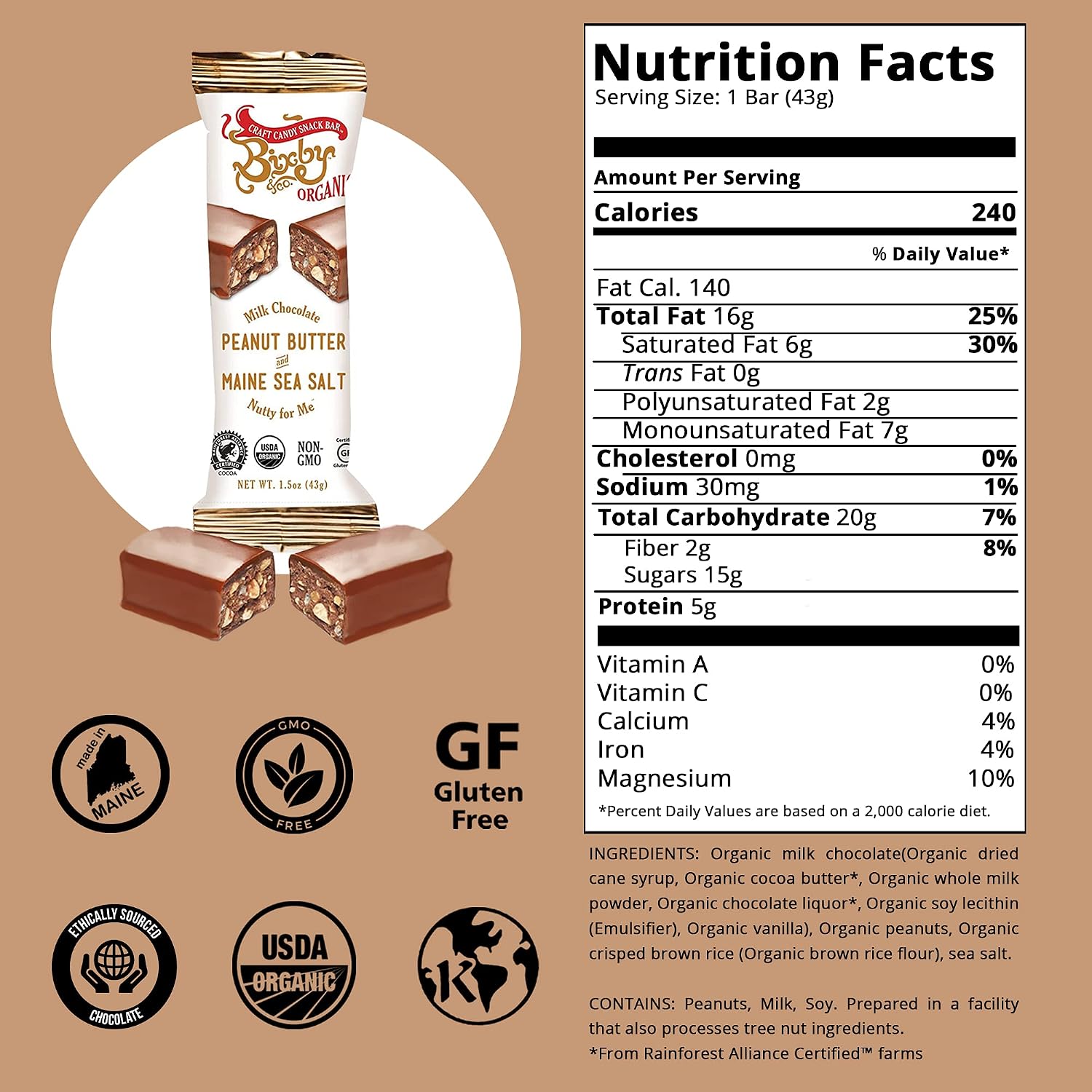 Bixby 12 Bars of Organic Milk Chocolate - Gluten Free Peanut Butter and Real Sea Salt - Non GMO Kosher Protein Snack with Clean Ingredients