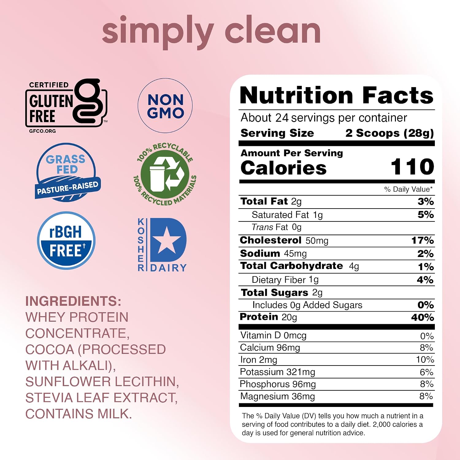 Simply tera's Pure Whey Protein Powder, Dark Chocolate, Clean Label - 12 Oz | Clean Whey Protein Powder, Made Without Artificial Sweeteners, Non-GMO, Kosher, rBGH-Free