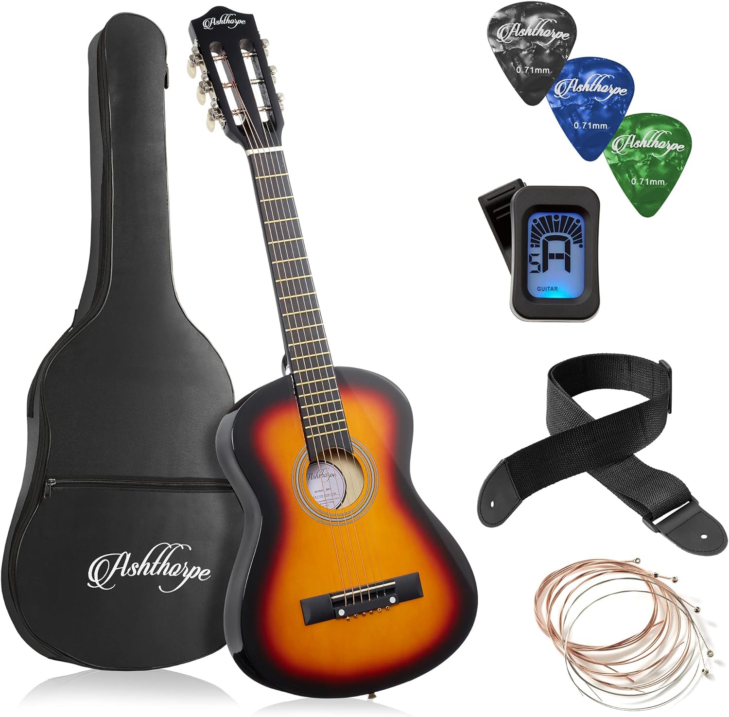 Ashthorpe 38-inch Beginner Acoustic Guitar (Red), Starter Kit with Gig Bag, Extra Strings, Strap, Picks, and Lessons