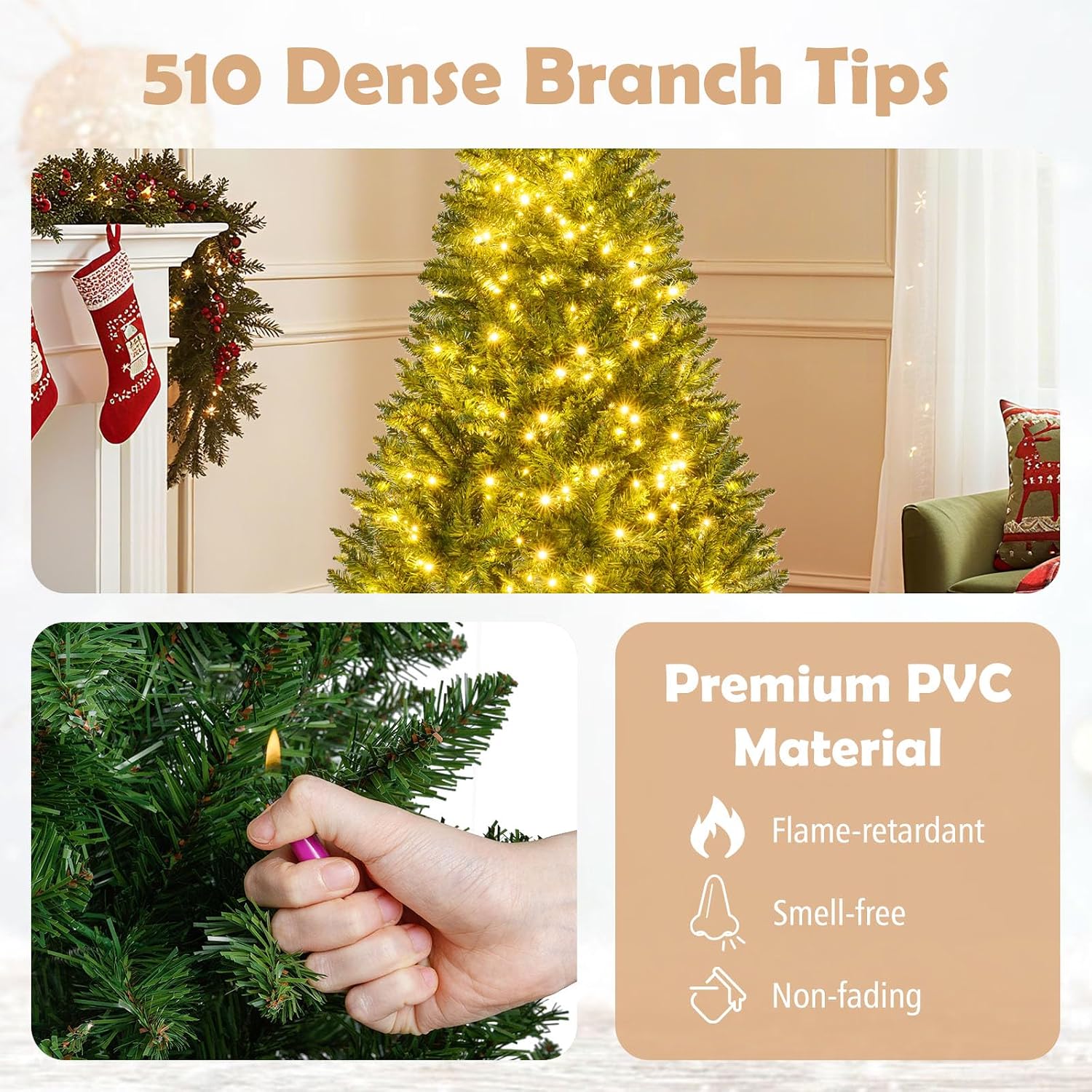 Goplus 7.5ft Pre-Lit Artificial Christmas Tree, Premium PVC Snow Flocked Hinged Pine Tree with Metal Stand and LED Lights