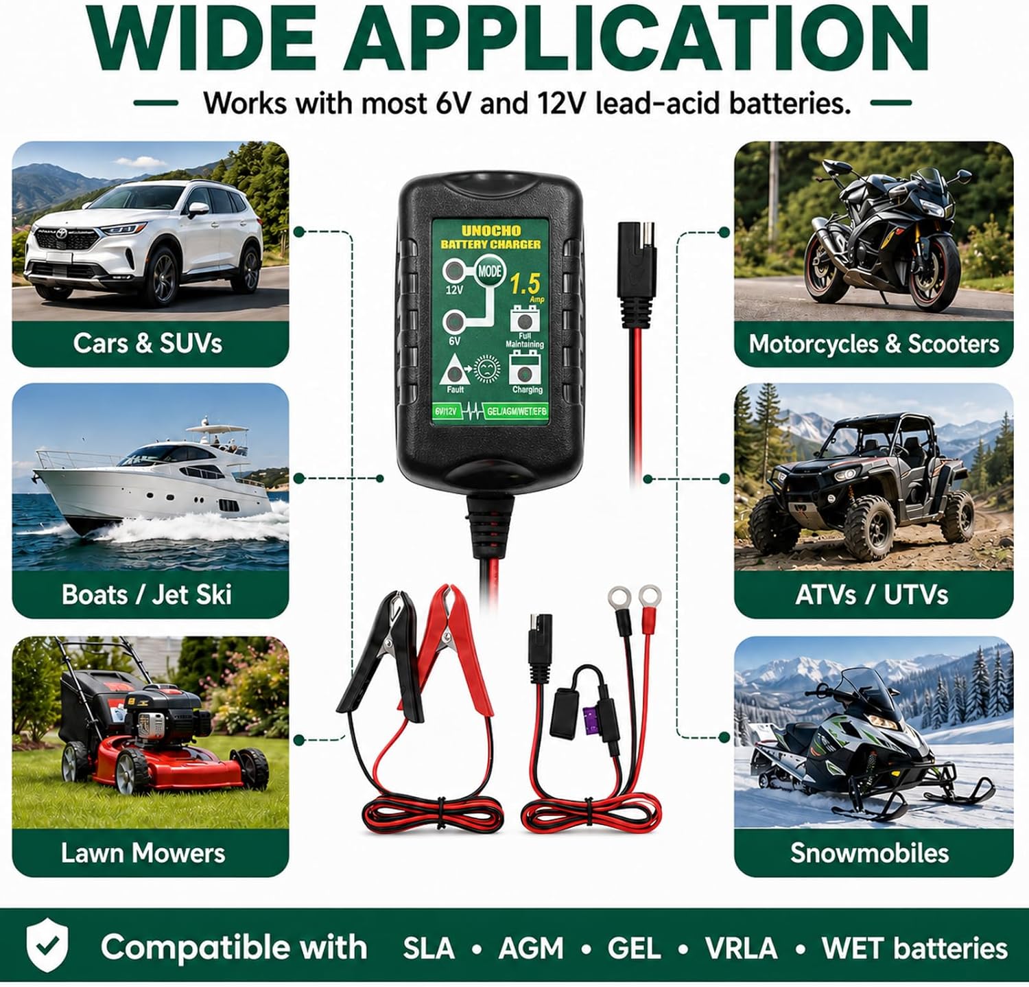 Unocho 6V/12V Battery Charger Maintainer 1.5A Automatic Trickle Charger Smart Float Charger for Car Motorcycle Lawn Mower Boat ATV Snowmobile