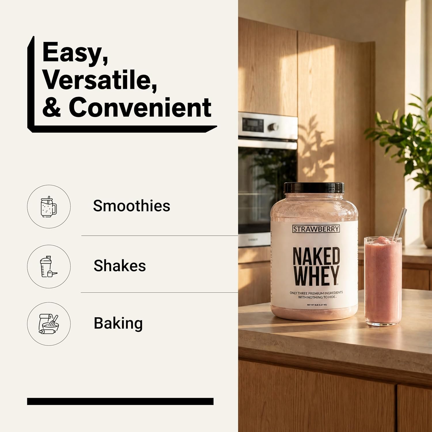 NAKED Whey 5LB 100% Grass Fed Unflavored Whey Protein Powder - Only 1 Ingredient, NSF Certified, Undenatured, Gluten Free, Soy Free, Promote Muscle Growth and Recovery - 76 Servings