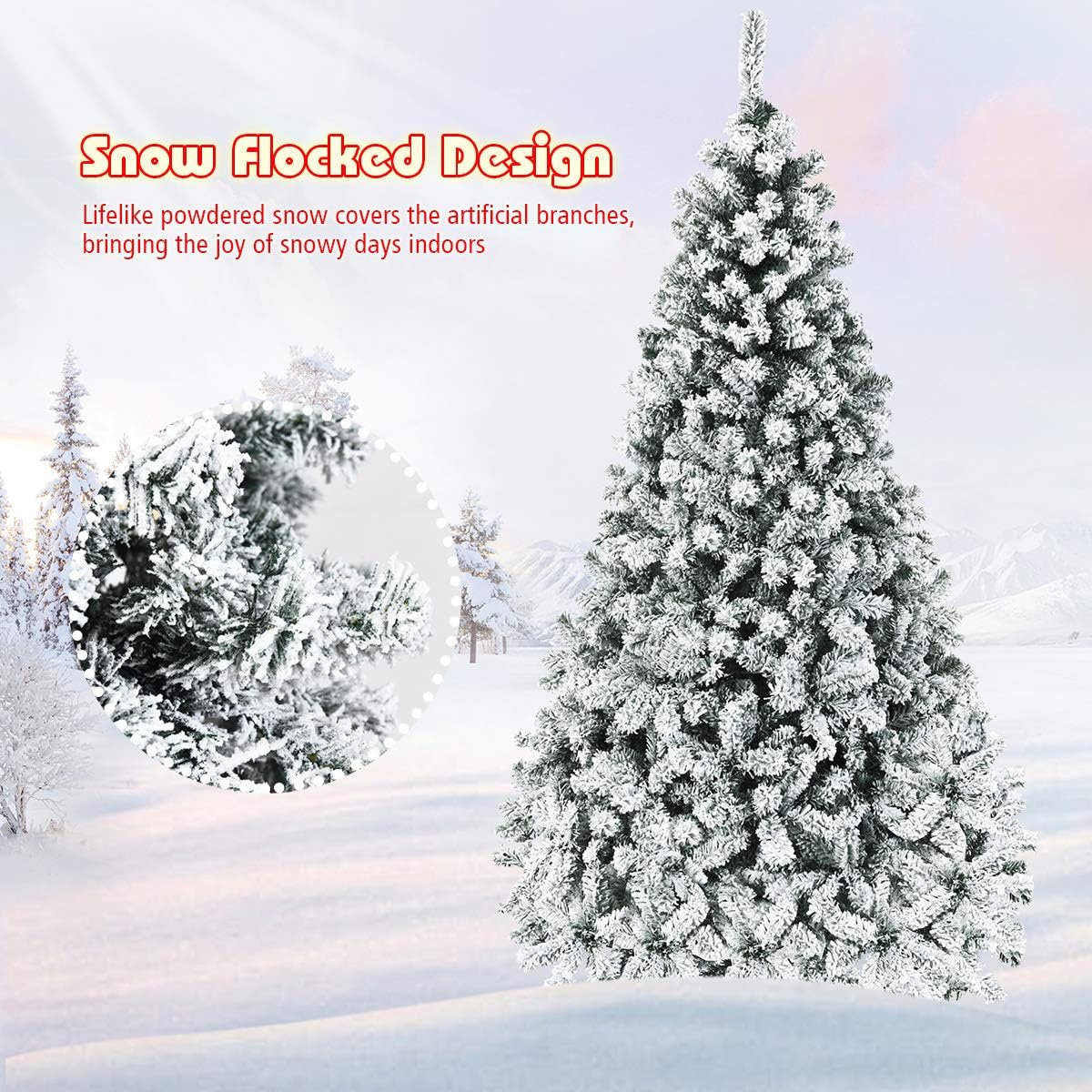 Goplus 7.5ft Pre-Lit Artificial Christmas Tree, Premium PVC Snow Flocked Hinged Pine Tree with Metal Stand and LED Lights