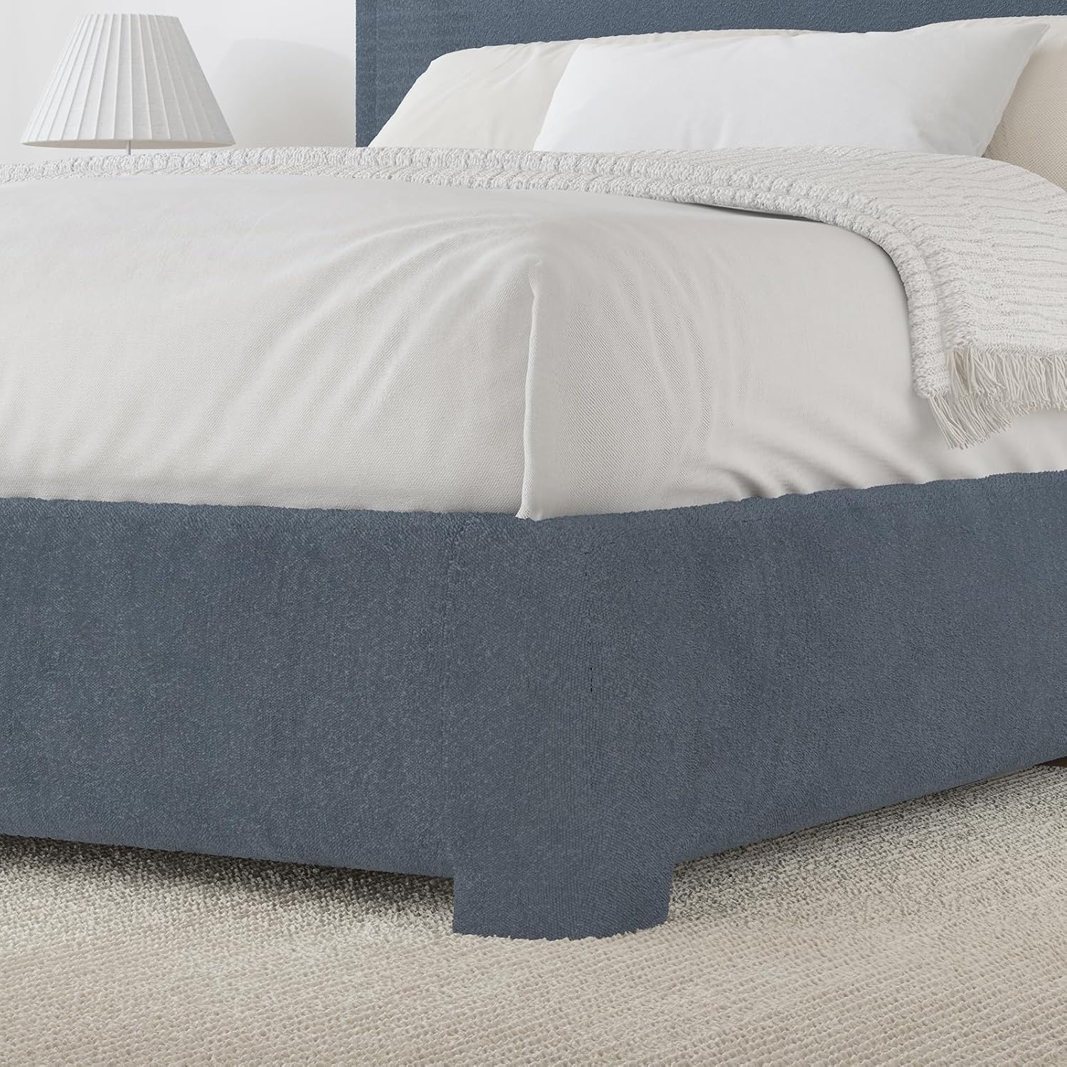 BarnFurin Full Bed Frame, Cloud Boucle Headboard, Rounded Corners, White | Soft boucle and rounded edges create a low-profile cloud look. Wooden slats support the mattress without a box spring