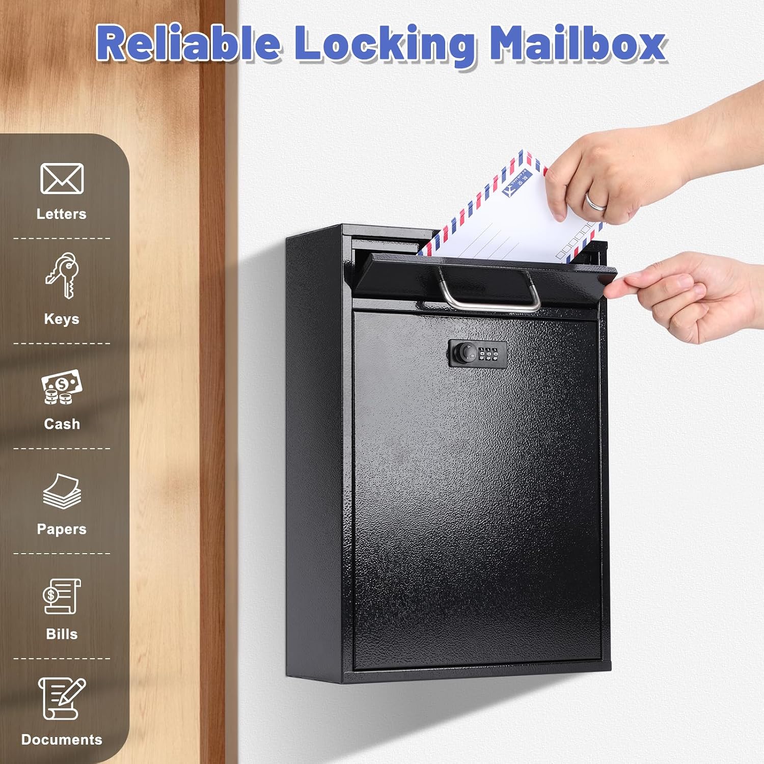 KYODOLED Steel Key Lock Mail Boxes Outdoor, Locking Wall Mount Mailbox, Security Lock Drop Box, Collection Boxes for Home, Office or Commercial,16.2H x 11.2L x 4.6W Inches, Black X Large