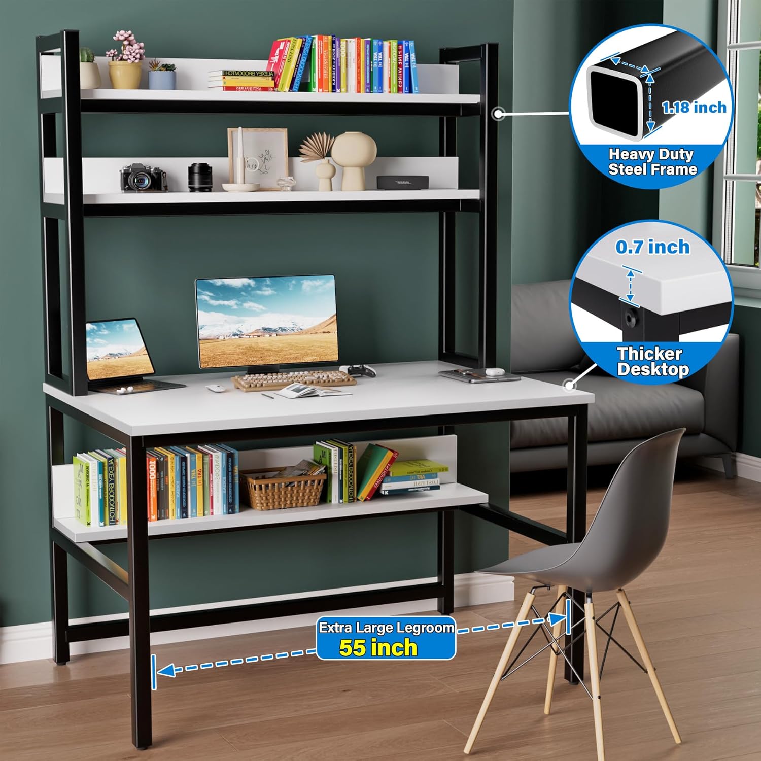 Aquzee Computer Desk with Shelves, 47" W x 23.6" D Gaming Desk with Hutch and Bookshelf