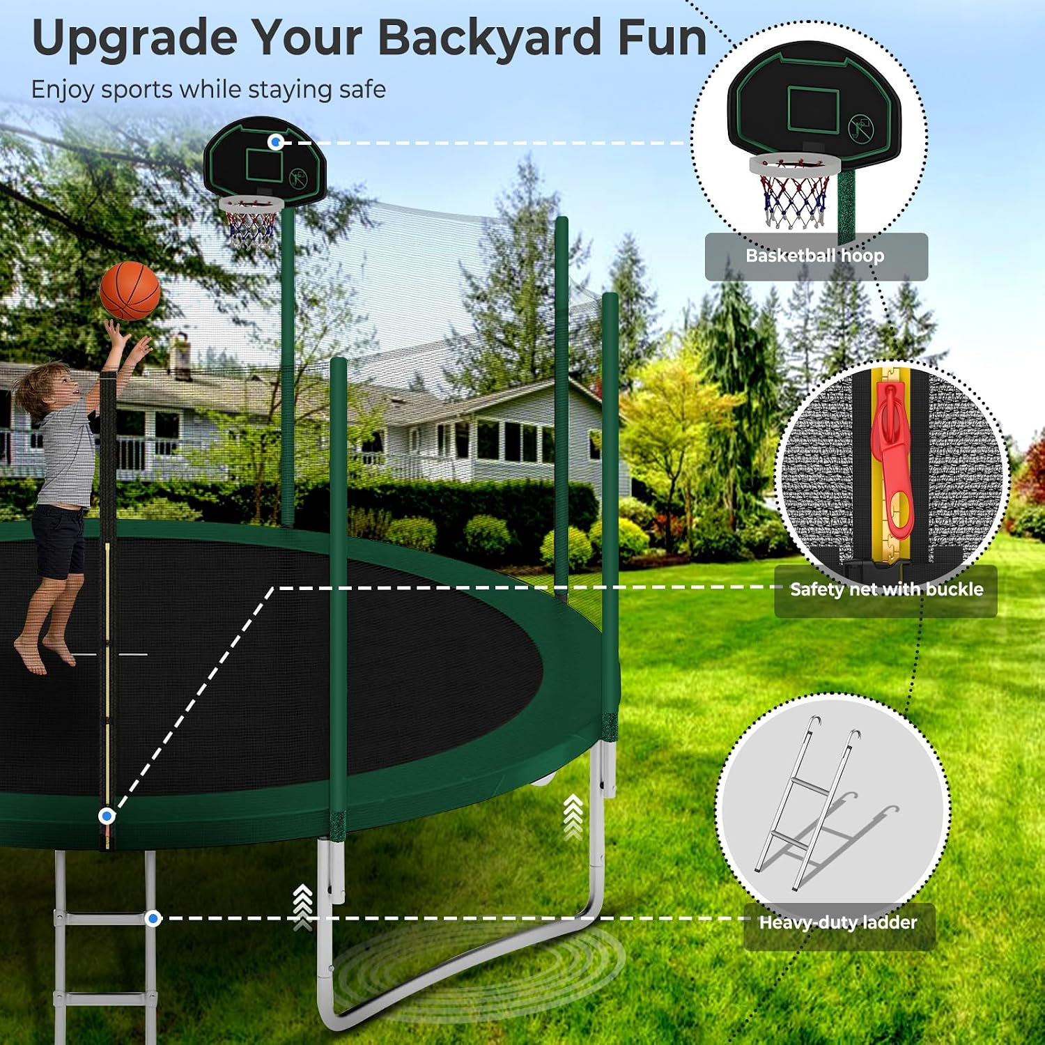 10 12 14 16FT Trampoline Outdoor, Light/Sprinkler/Basketball Hoop | Large Recreational Trampoline for Kids and Adults, Heavy Duty Yard Trampolines with Enclosure Net, ASTM Approval