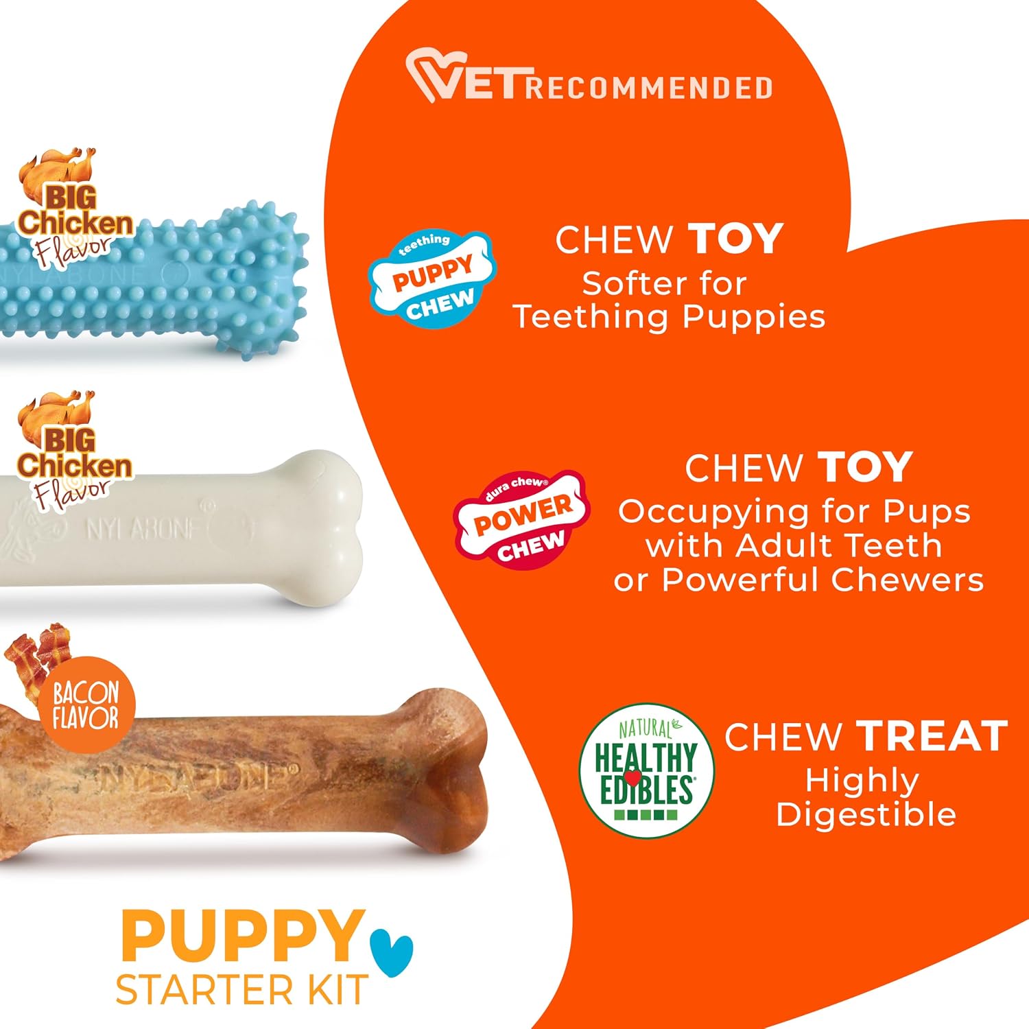 Nylabone Puppy Pacifier Chew Toy, Teething Toys for Puppies up to 25 lbs | Puppy teething toys with bacon flavor, soft material, textured nubs massage gums