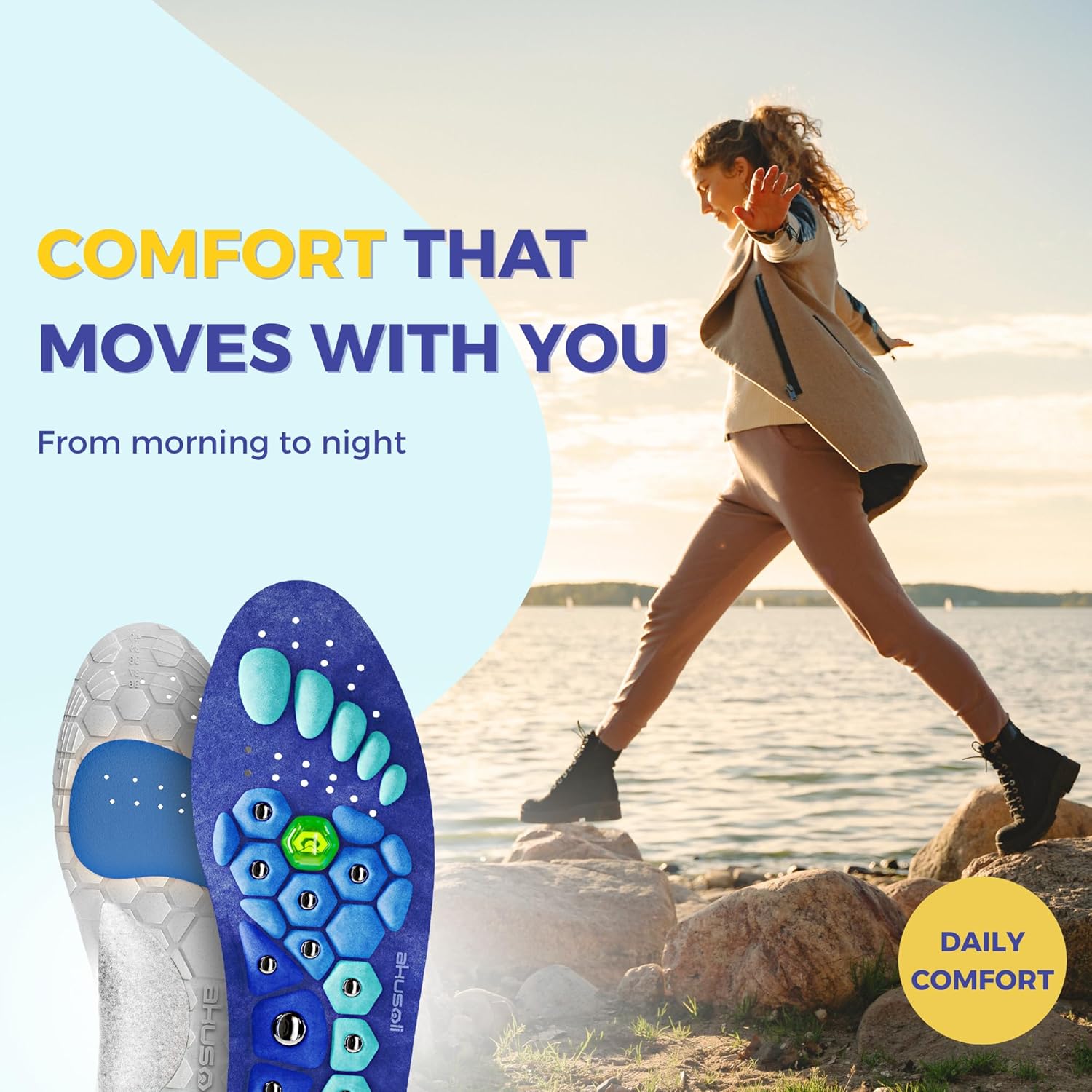 Akusoli Velumi Insoles for Woman, Shoe Insert S/M Women 5–10 Men 5.5–8 | Magnetic High Arch Support Inserts for Flat Feet