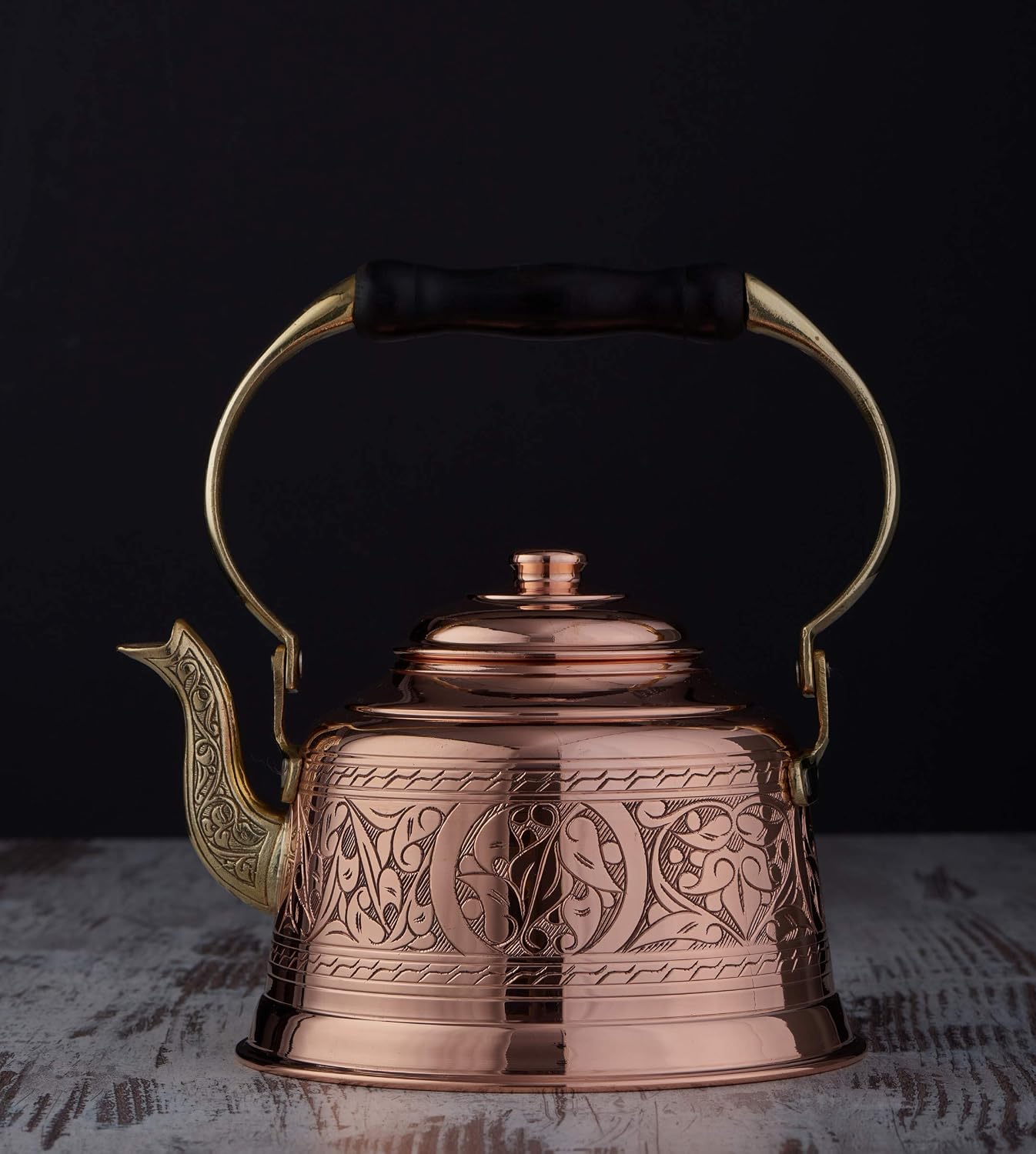 DEMMEX Heavy Gauge 1mm Thick Engraved Solid Copper Tea Pot Kettle Stovetop Teapot, Handmade (1.6-Quarts - Engraved)