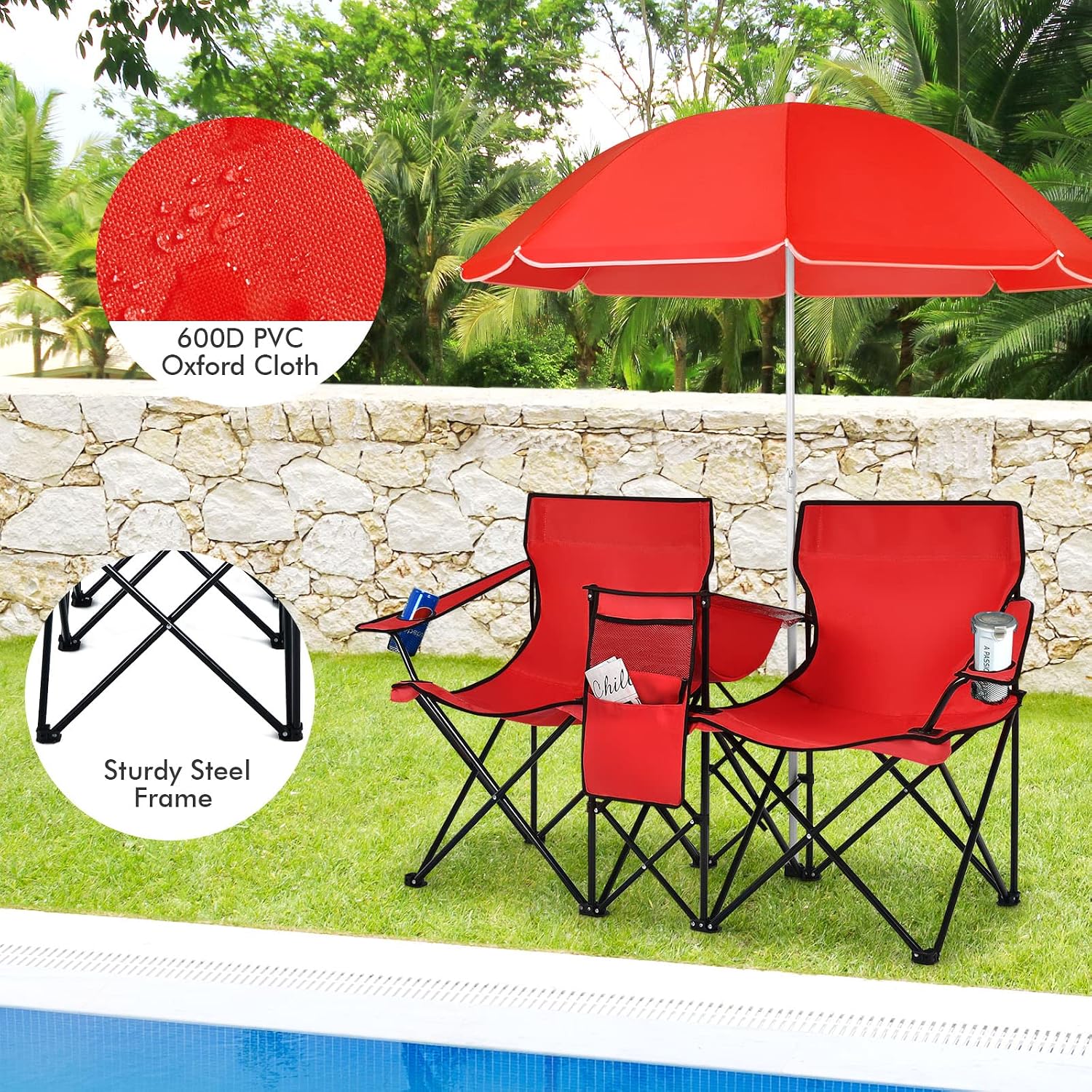 COSTWAY Double Portable Picnic Chairs, Folding Camping Chairs w/Detachable Umbrella, Cooler Bag, Cup Holders, Patio Beach Camping Chairs for Outdoors, Blue | Detachable Umbrella, Cooler Bag, Cup Holders, Patio Beach Camping Chairs for Outdoors, Blue
