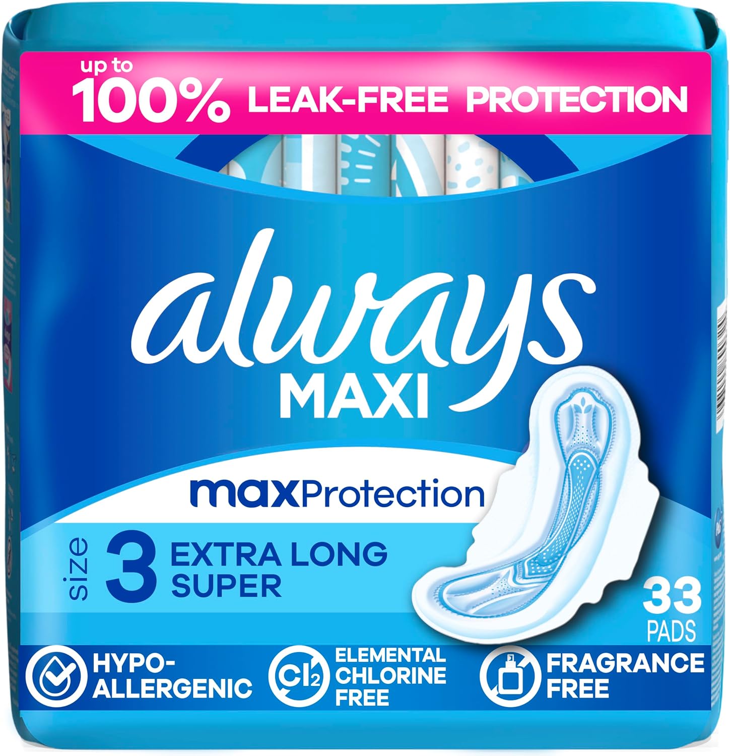 Always Maxi Feminine Pads with Wings for Women, Size 3, Extra Long Super Absorbency, Unscented, Up to 100% Leak-Free Protection, 33 Count