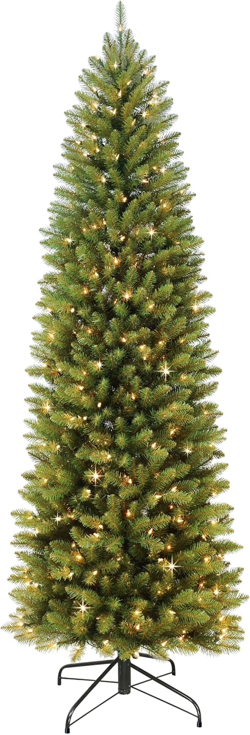 Puleo International 7.5ft Pre-Lit Fraser Fir Pencil Christmas Tree with 350 Clear Lights, 1188 Realistic Dense Branch Tips, Easy Setup Artificial Trees with Sturdy Metal Stand