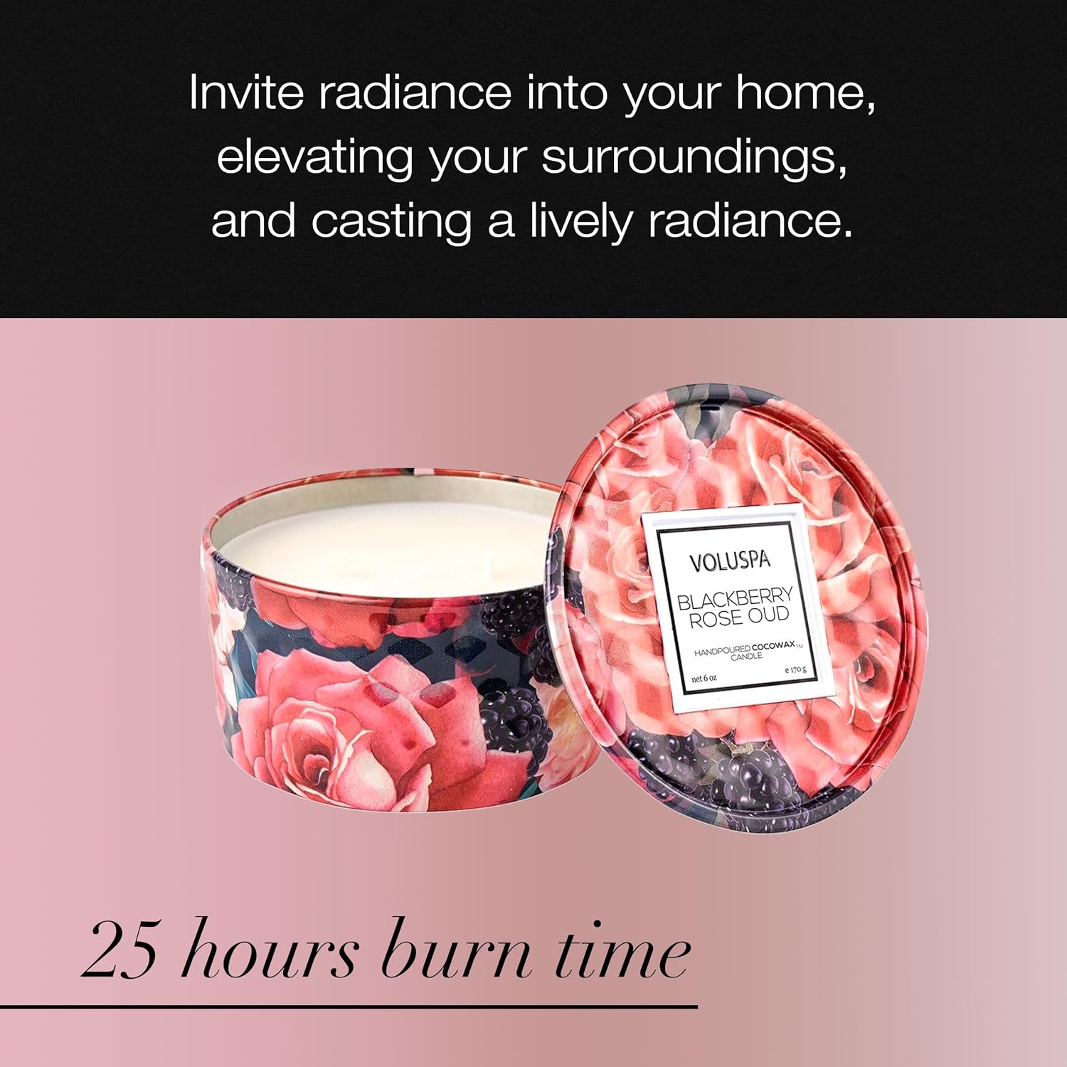 Voluspa BlackBerry Rose Oud, 2 Wick Tin Candle, 8 oz, 25 Hour Burn Time, Coconut Wax for Clean Burning, Handcrafted in The USA