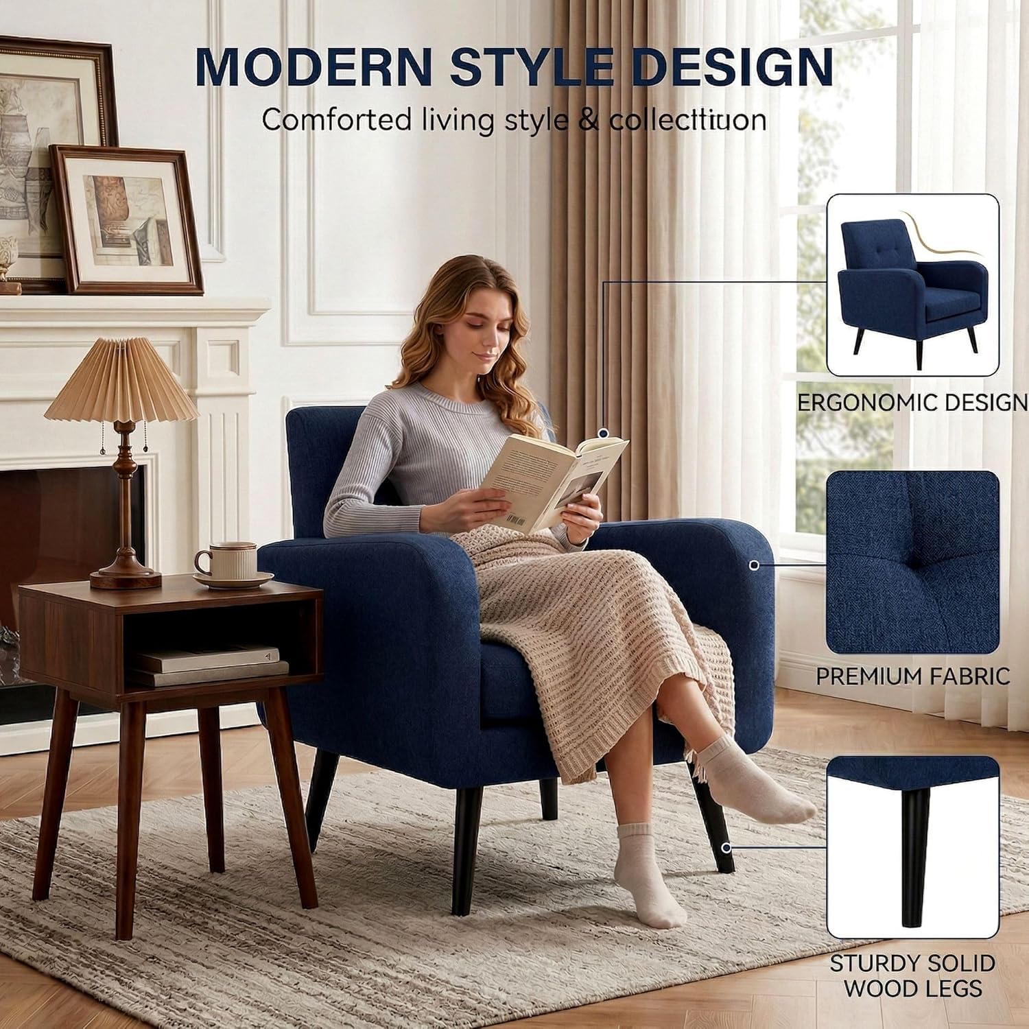 LSSPAID Modern Accent Chairs, Upholstered Fabric Cozy Armchairs, Living Room Side Chair with Solid Wood Legs, Blue
