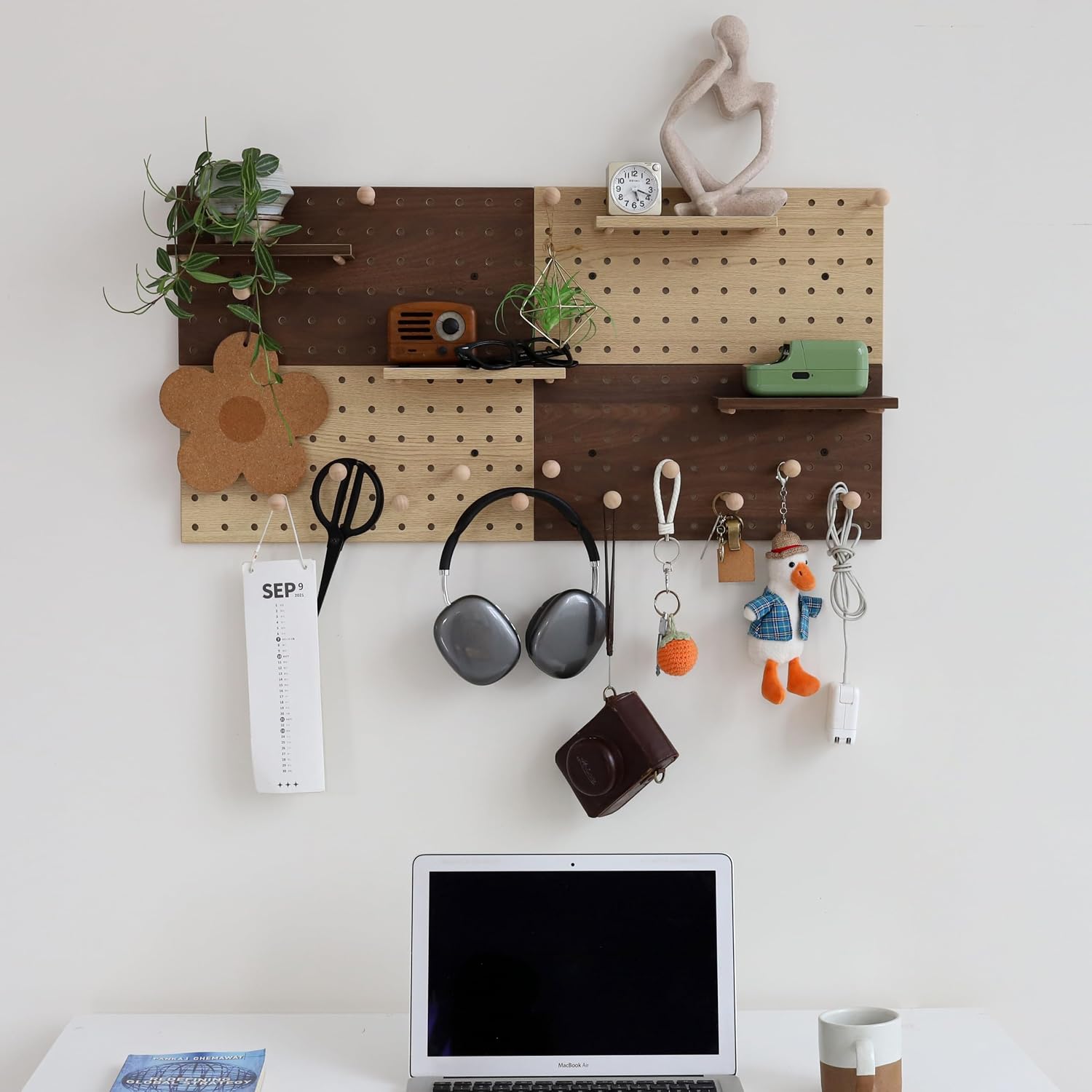 Wooden Pegboard Modular Display Organization Storage Wall Hooks Shelf(Color:Oak)