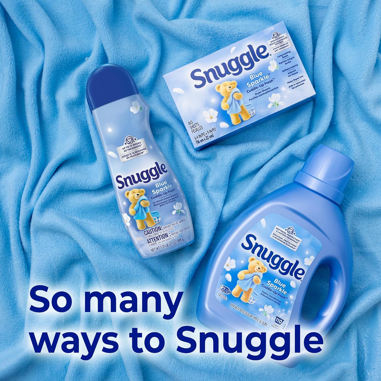 Snuggle Dryer Sheets, Blue Sparkle , 230 Count | Long-Lasting Fresh Scent, Reduces Static and Wrinkles, Repels Pet Hair and Lint, HE Dryer Compatible