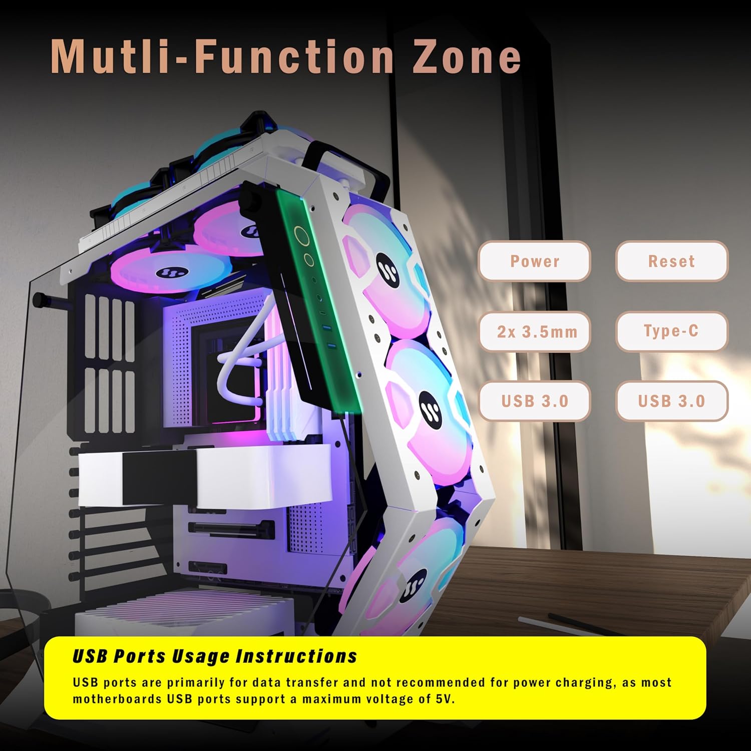 KEDIERS PC Case C570 ATX Mid Tower Tempered Glass Gaming Computer Open Frame Case with 5 PWM ARGB Fans (White C570)