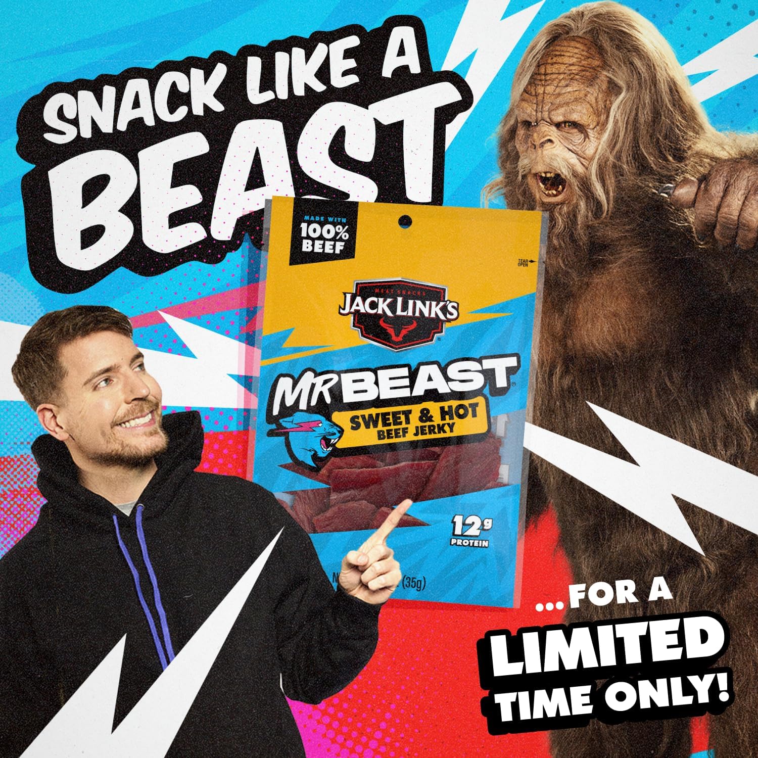 Jack Link's MrBeast Beef Jerky, Peppered Beef Jerky - 10 Count | As Seen on Beast Games, 11g Protein, Made with 100% Real Beef, Pantry-Ready Snacks