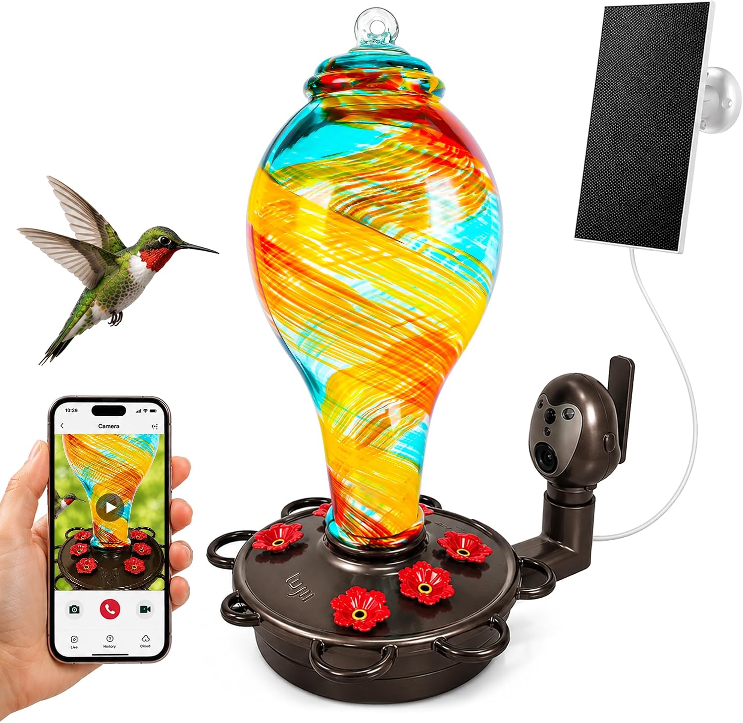 LUJII Hummingbird Feeder, Hand Blown Glass Hummingbird Feeder, Never Fade, 36 Fluid Ounces, 5 Feeding Metal Stations, Much Bigger, Garden Backyard Decorative, Containing Ant Moat (Blue)
