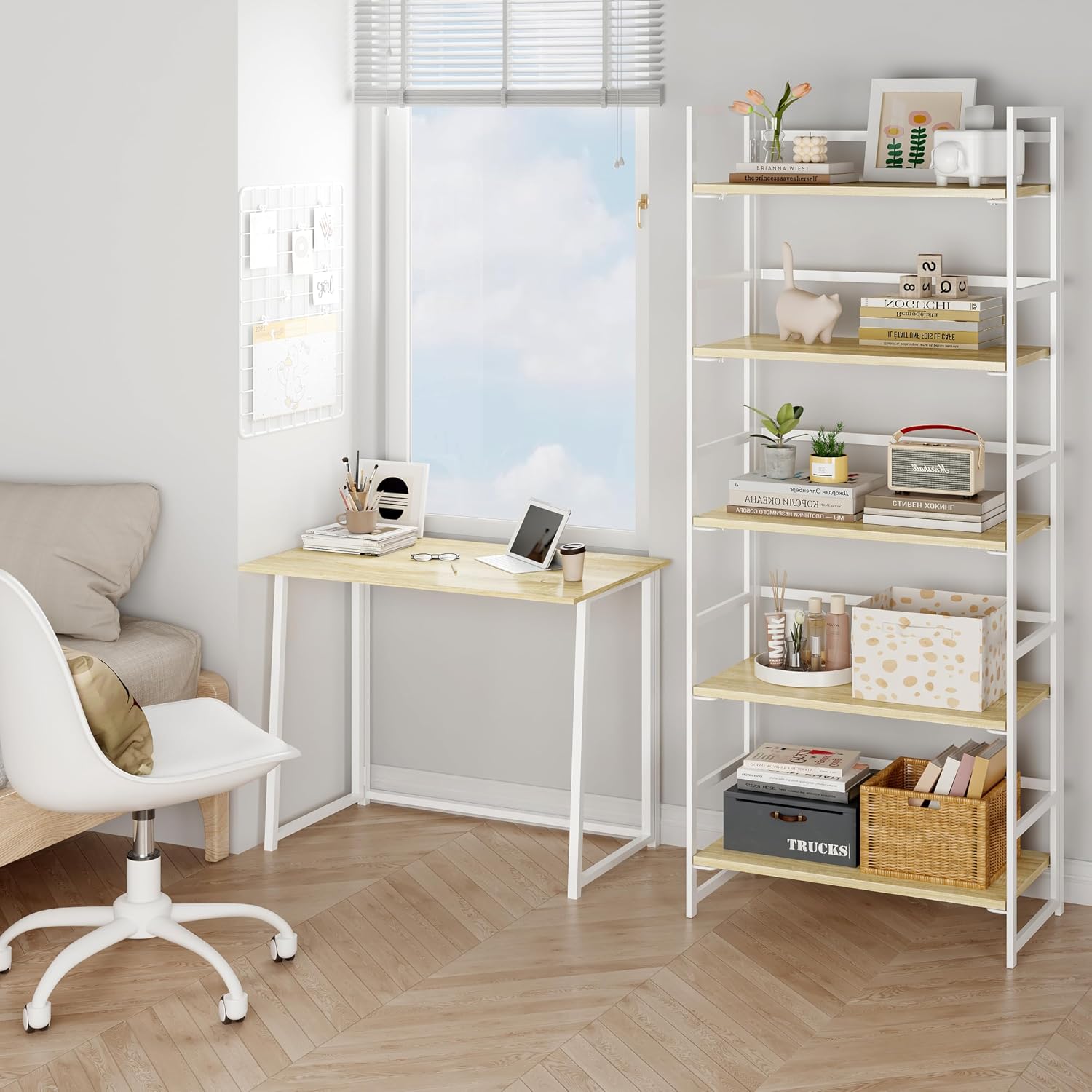 Vintage Multifunctional Folding Bookshelf, No-Assembly Plant Stand Storage Rack Shelves for Home Office (Fire, 5-Tier)