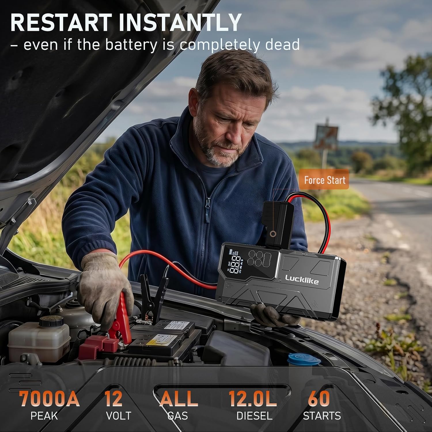 7000A 150PSI Car Battery Jump Starter with Air Compressor, 12V Jump Box | All Gas/12L Diesel