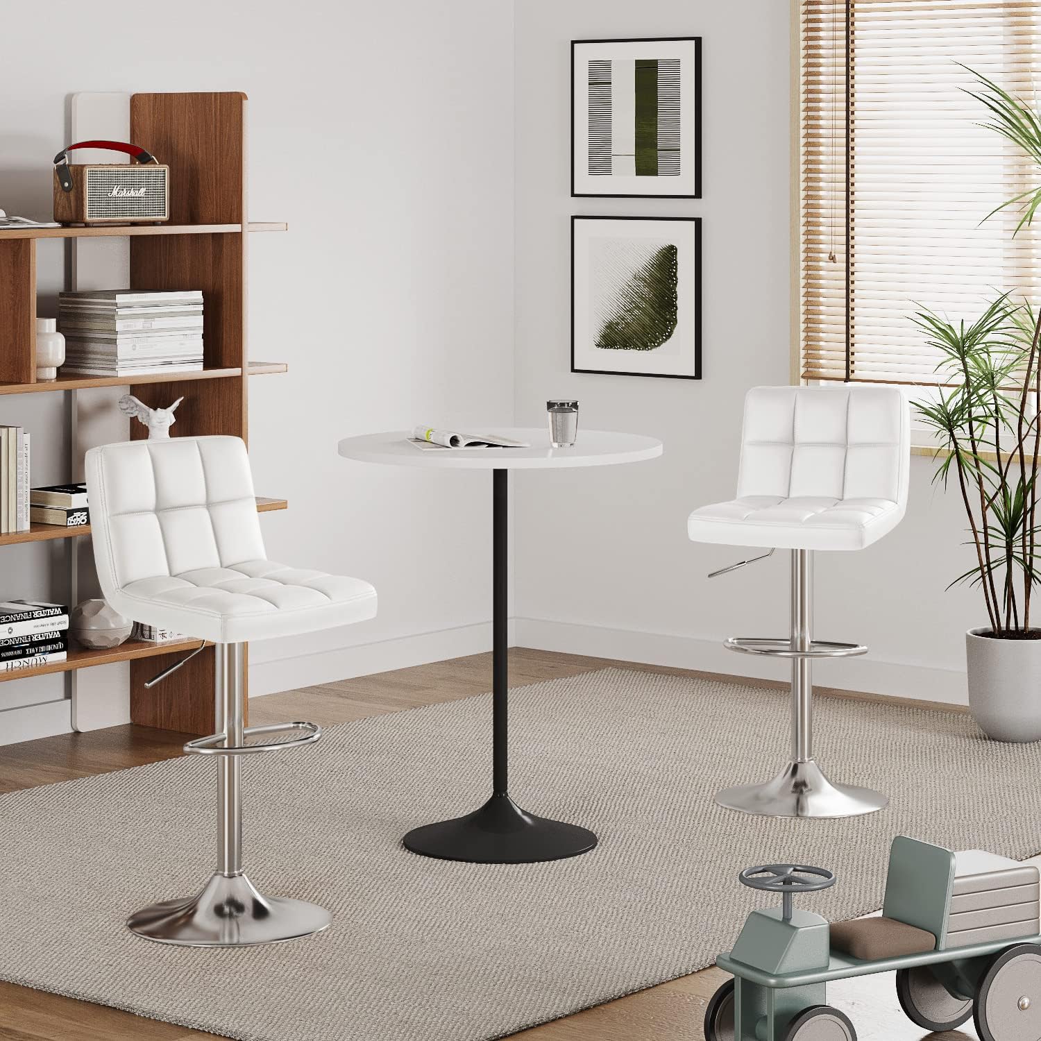 Furmax Bar Stools Modern Pu Leather Swivel Adjustable Hydraulic Bar Stool Square Counter Height Stool Set of 2 (White)
