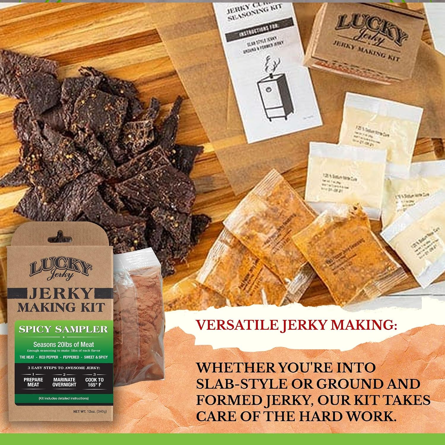 Lucky Jerky Ultimate Savory DIY Beef Jerky Seasoning and Cure Kit, 12 Oz | Make Your Own with Original, BBQ, Teriyaki, and Sweet & Spicy, Seasons 5 lbs per Flavor, 20 lbs Total