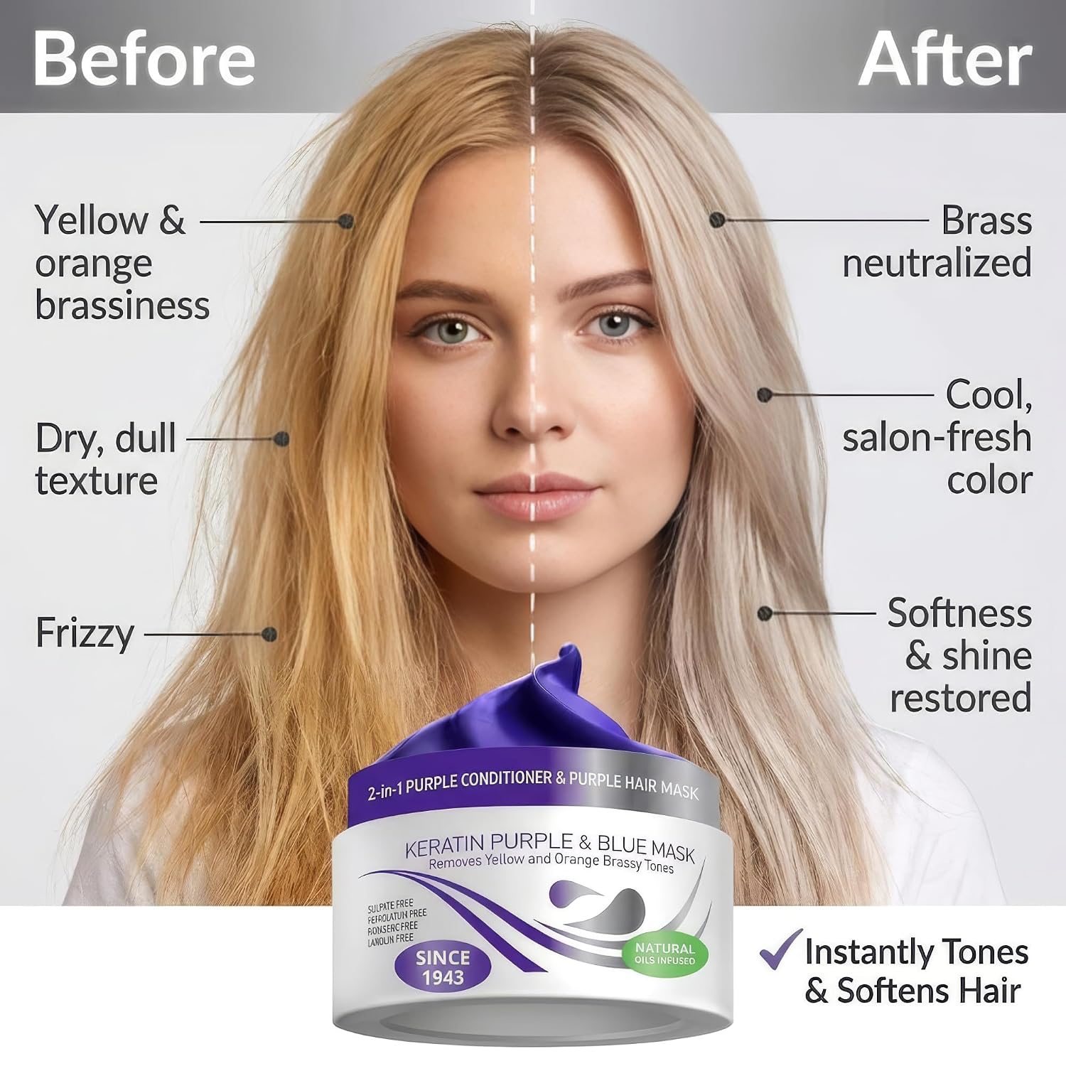 VITAMINS hair cosmetics Keratin Purple Hair Mask - Blue Hair Mask Deep Conditioner Treatment - Blonde Toner to Neutralize Brassiness in Brassy Blonde