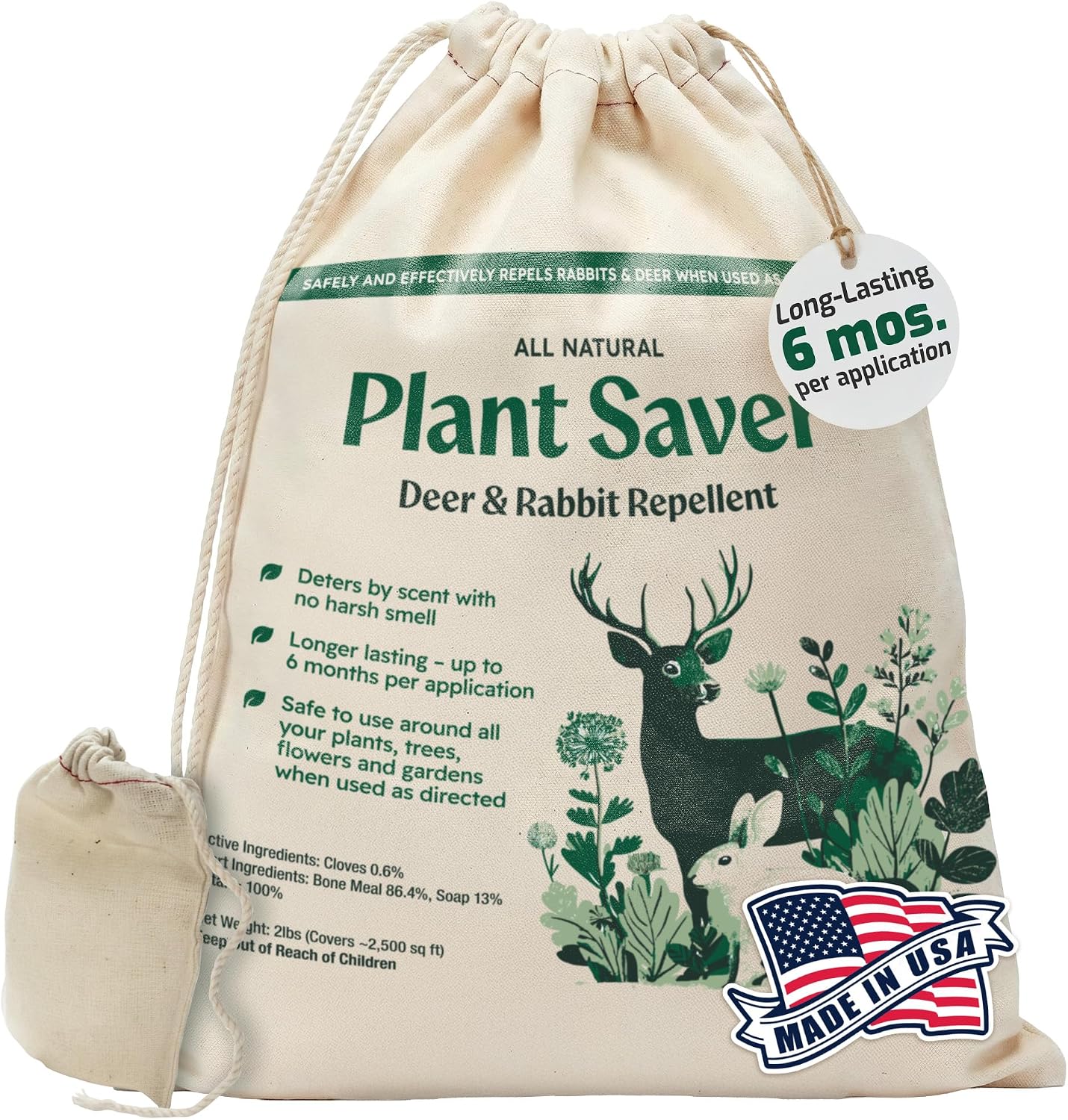 Deer & Rabbit Repellent – All Natural Scent-Based Animal Protection – Safe for Pets & Plants – Long-Lasting Up to 6 Months – Repels Elk, Moose & Rodents – 2 lbs with 10 Refillable Bags