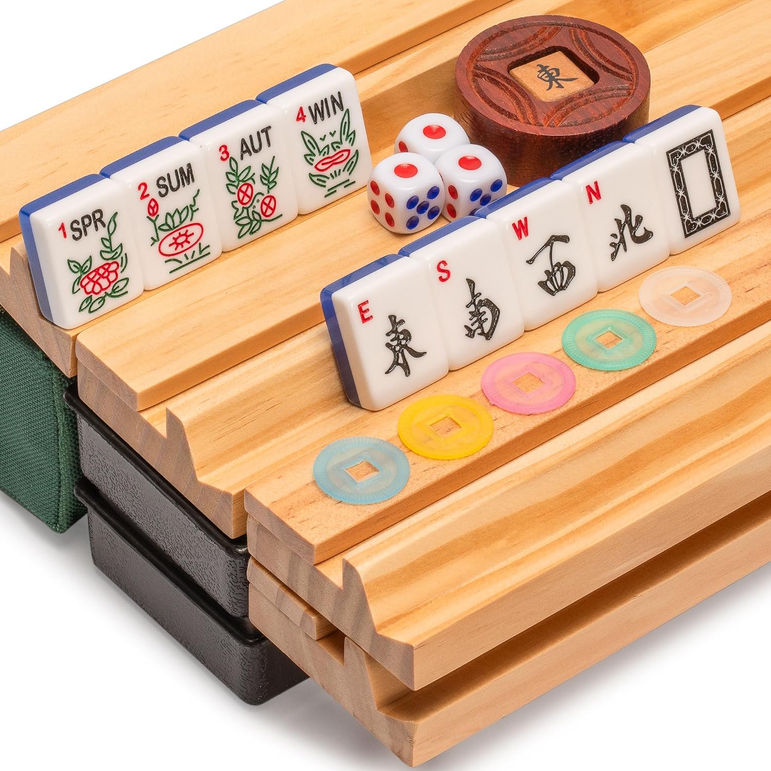 Yellow Mountain Imports American Mahjong Set, Mojave (Ivory) with Brown Soft Case, All-in-One Racks with Pushers, Wright Patterson Scoring Coins, Dice, & Wind Indicator