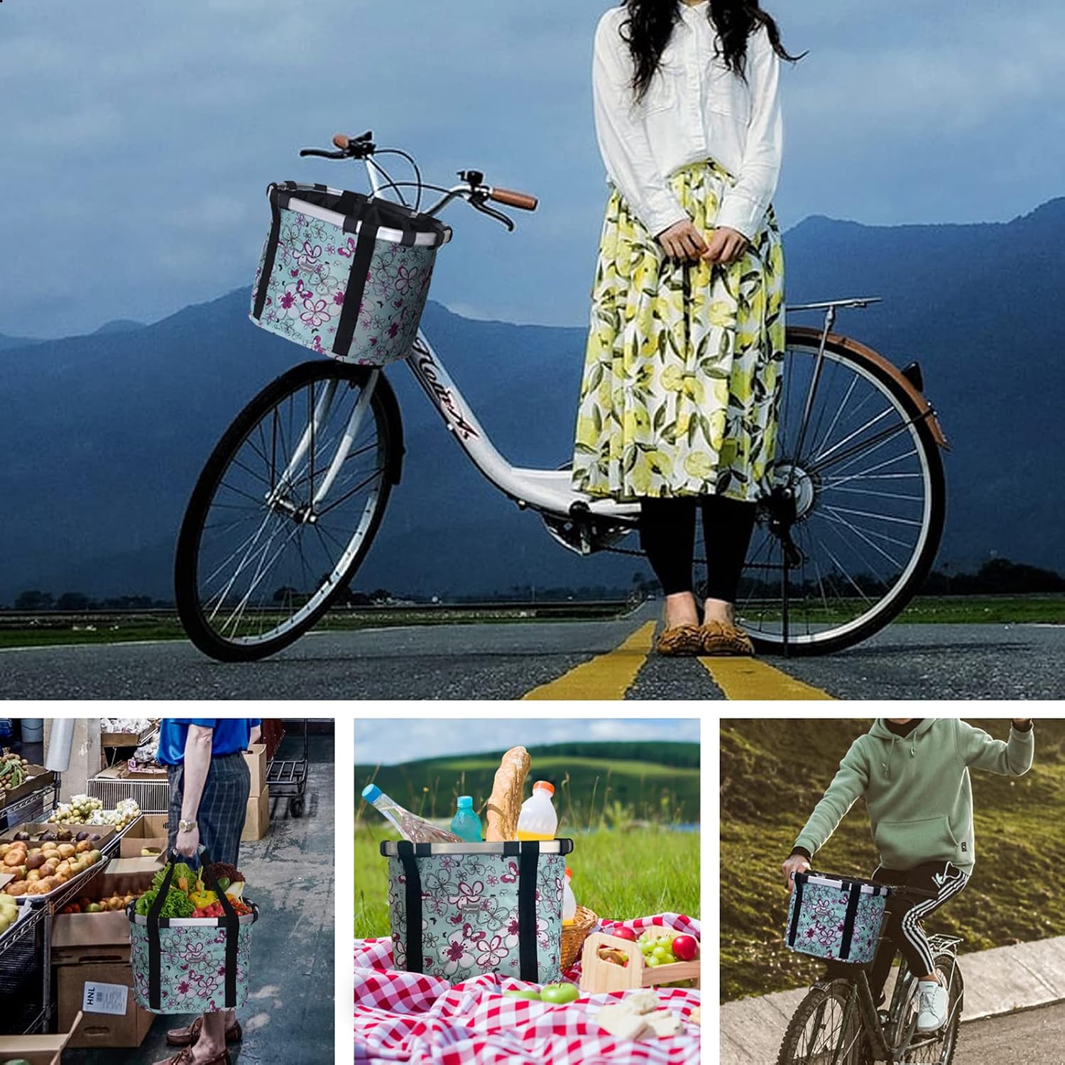 RAYMACE Bicycle Basket Dog Bike Handlebar Basket Front,Folding Detachable Quick Release Easy Install,Cycling Picnic Bag