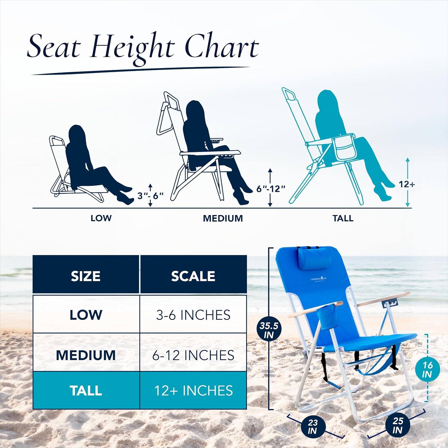 CARIBBEAN JOE Folding Beach Chair, 4 Position Portable Backpack Foldable Camping Chair with Headrest, Cup Holder, and Wooden Armrests