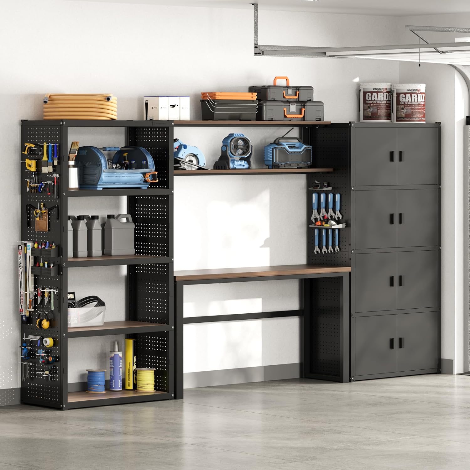 FLEXIMOUNTS 117"W Modular Garage Storage Cabinet with Workbench, Black | 6 Doors, 3700lbs capacity, Metal board shelf includes pegboard, 3-in-1 metal tool cabinet, 24-gauge steel, FLEXIMOD Series