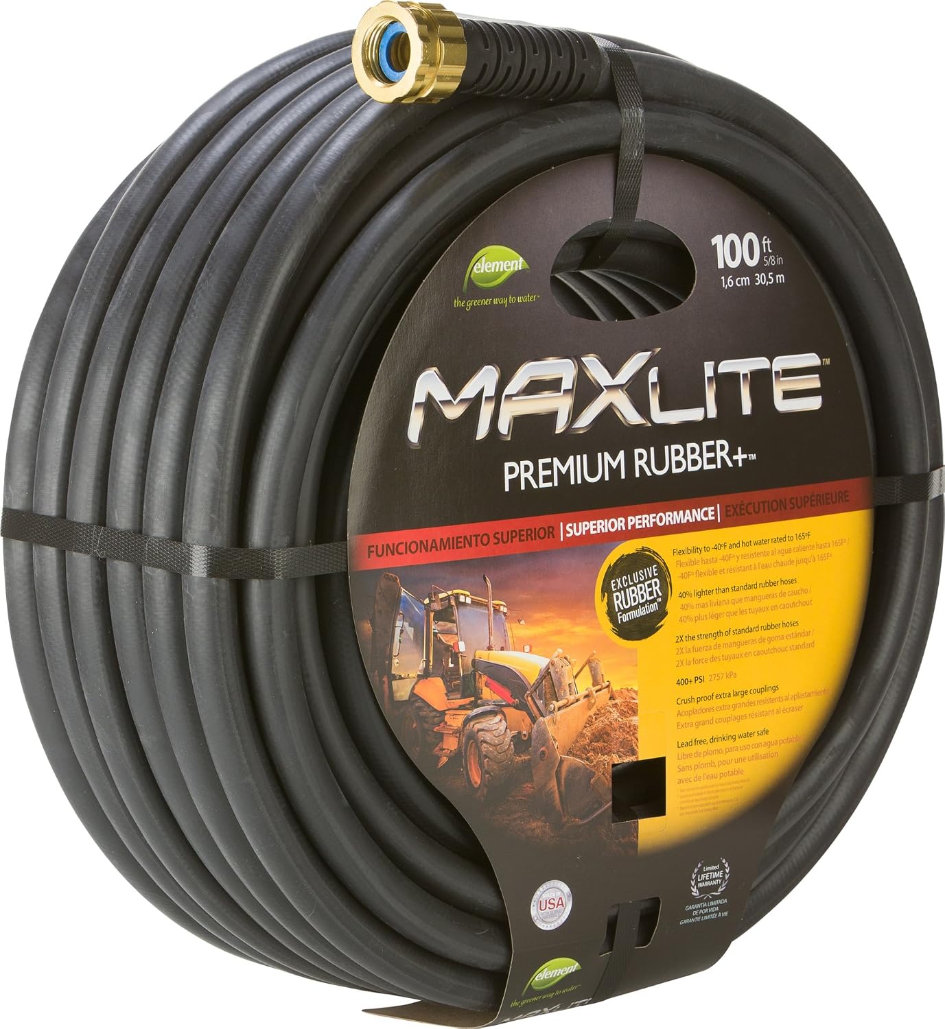 Swan Products CELSGC58050 Element MAXLite Premium Rubber+ Water Hose with Crush Proof Couplings 50' x 5/8", Black