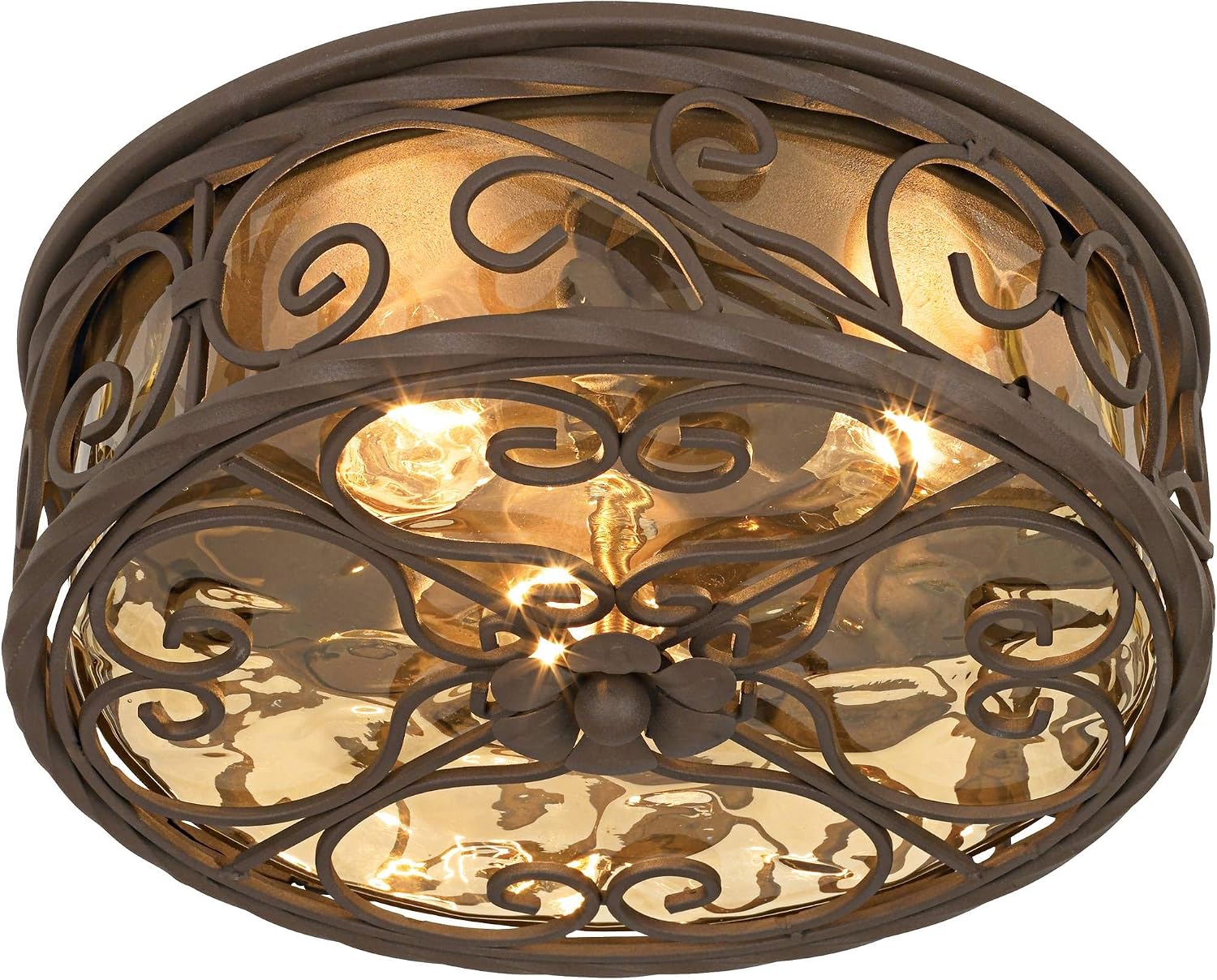 Casa Seville 12" Walnut Rustic Indoor-Outdoor Ceiling Light Fixture | Flush-Mount Dark Scroll Water Glass Damp Rated for Exterior House Porch Patio Outside Deck Garage Front Door Home