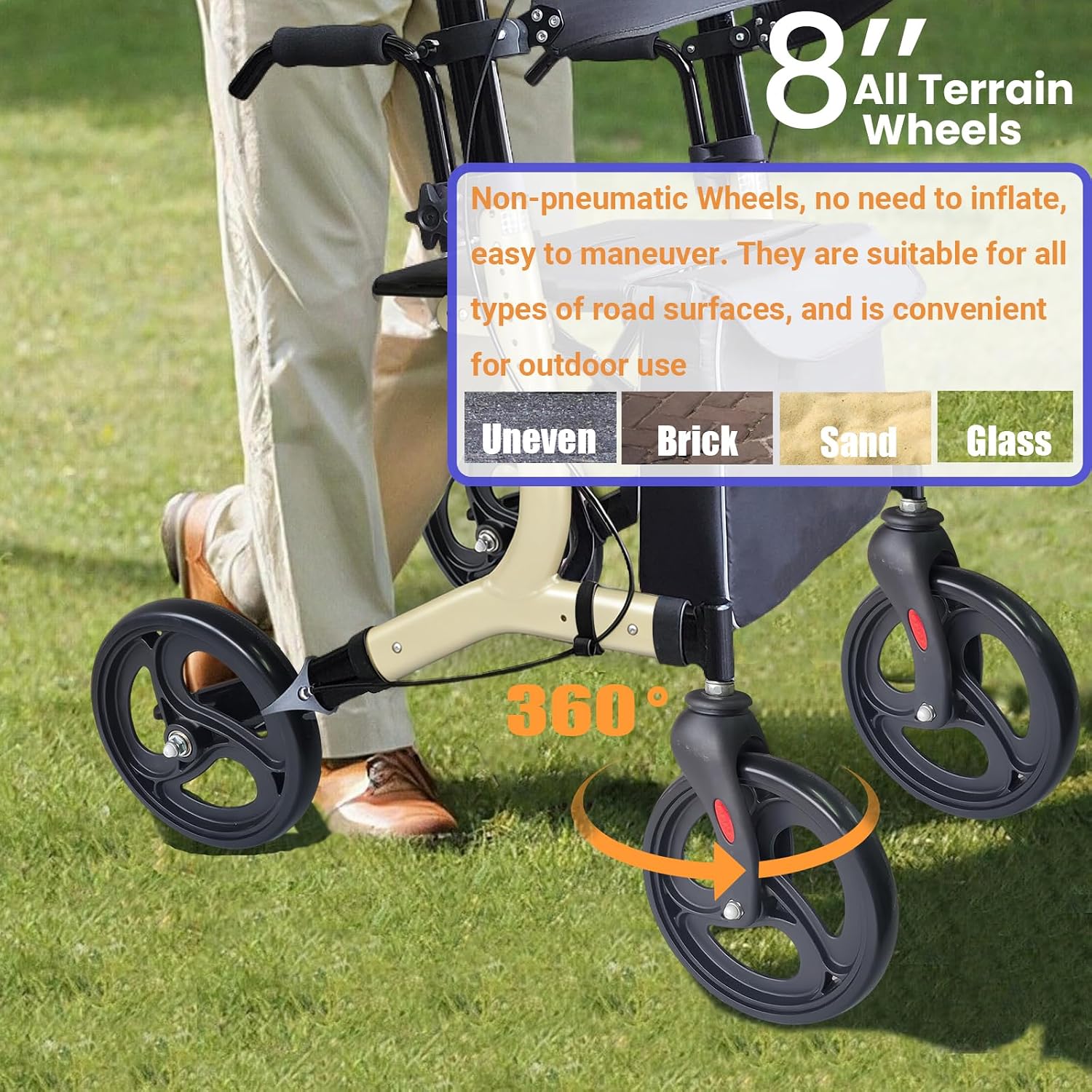 Aliseniors Upright Walker for Seniors - Big Stand Up Walker with Wide Seat, Foldable 4 Wheel All-Terrain Rolling Walker, Adjustable Armrests, 300lbs, Improves Posture & Reduces Back Strain | 20.6" Wide Seat, Foldable Rollator, 8" All-Terrain Wheels, Adju…