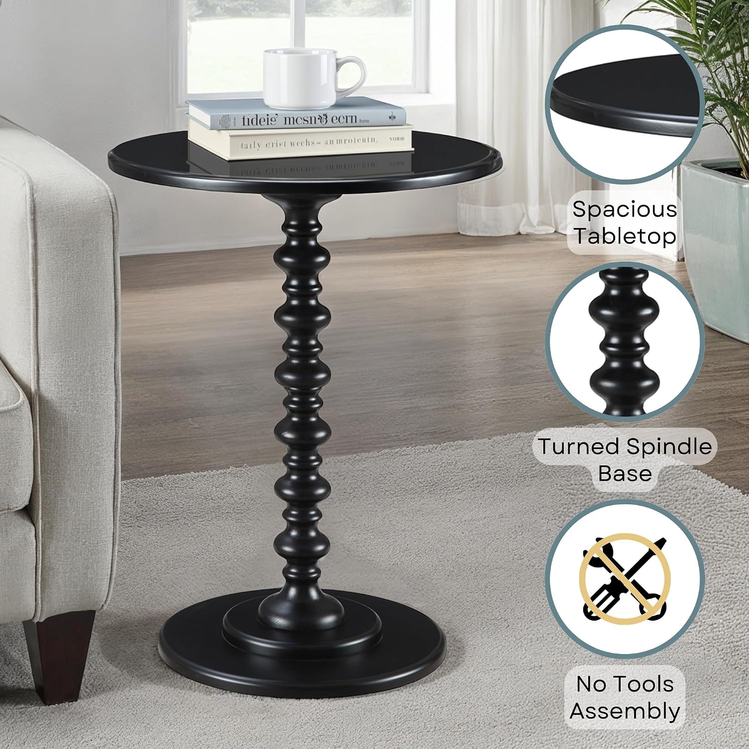 Convenience Concepts Palm Beach Spindle Table 17.75" - Traditional Round End Table for Living Room, Turned Solid Wood Side Table, Classic Display Pedestal Table, Espresso