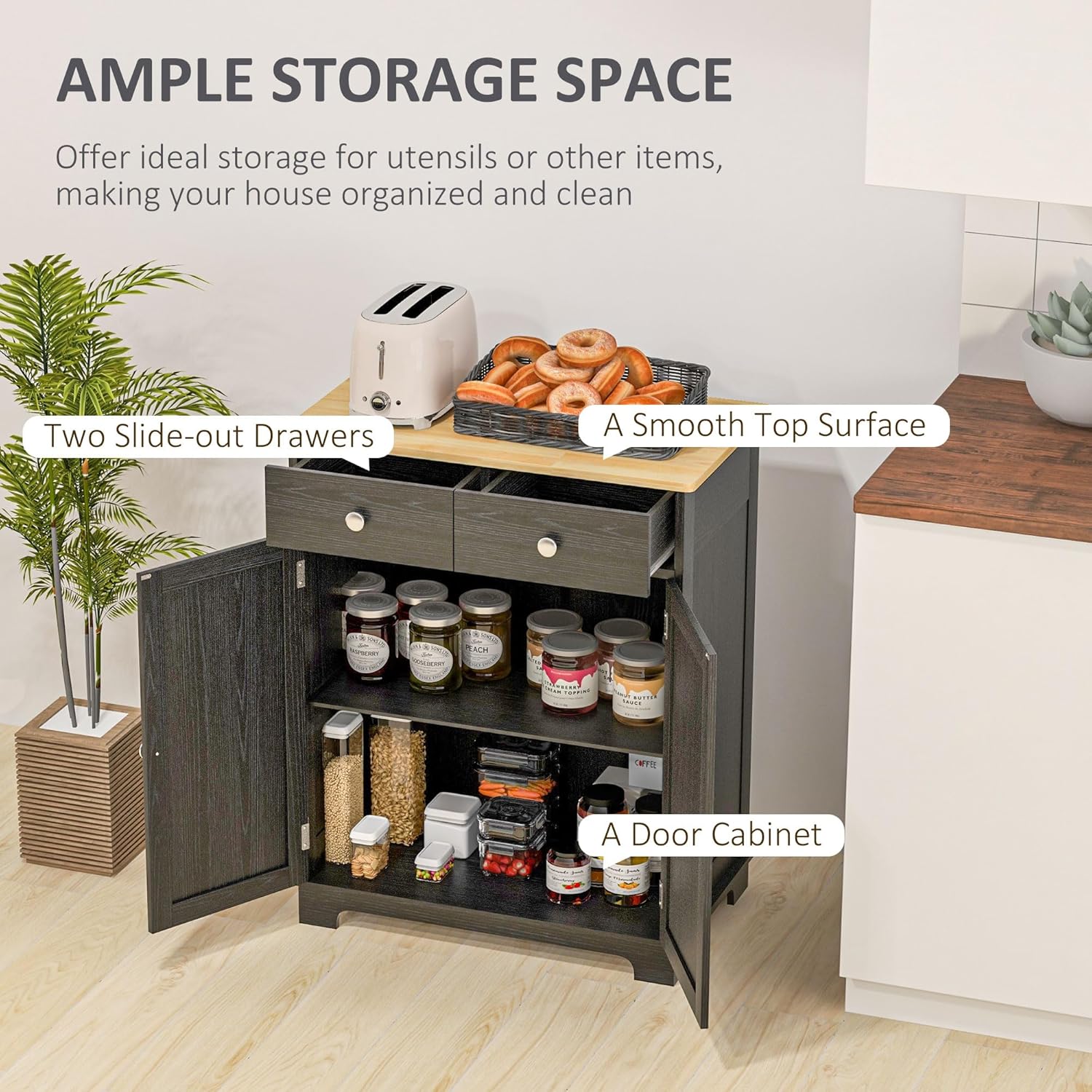 HOMCOM Sideboard Buffet Cabinet Solid Wood Countertop White
