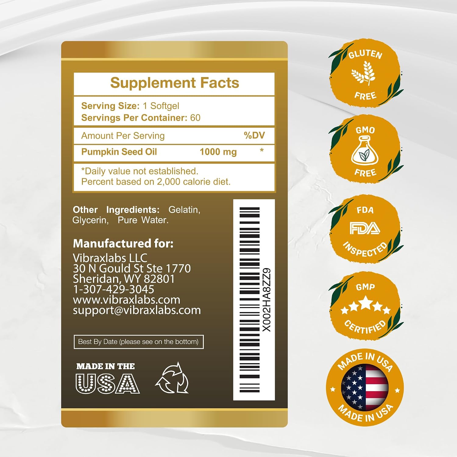 vibraxlabs Pumpkin Seed Oil - 100% Cold Pressed Pure 1000mg Extraction - Best for Hair Growth, Younger Looking Skin & Face, Bladder Control Supplement